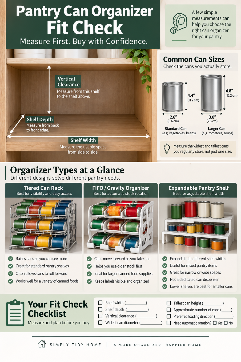 Pantry can organizer fit check showing shelf width, depth, vertical clearance, and can dimensions