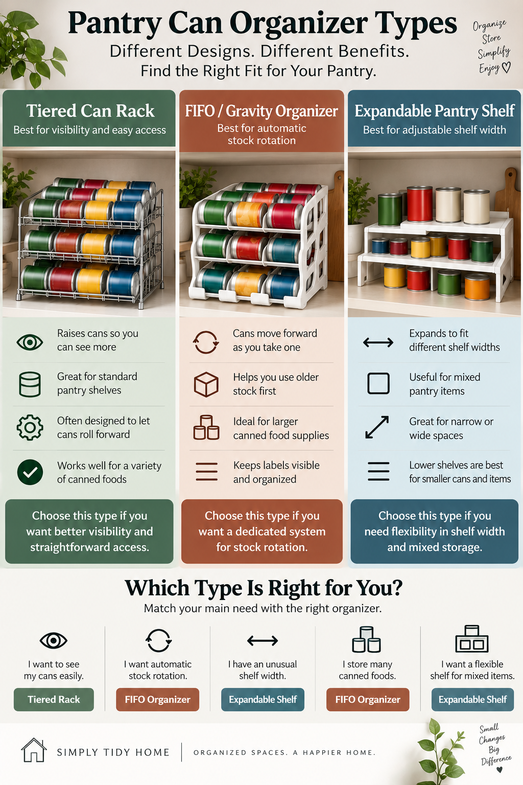 Comparison of tiered, FIFO, and expandable pantry can organizer types