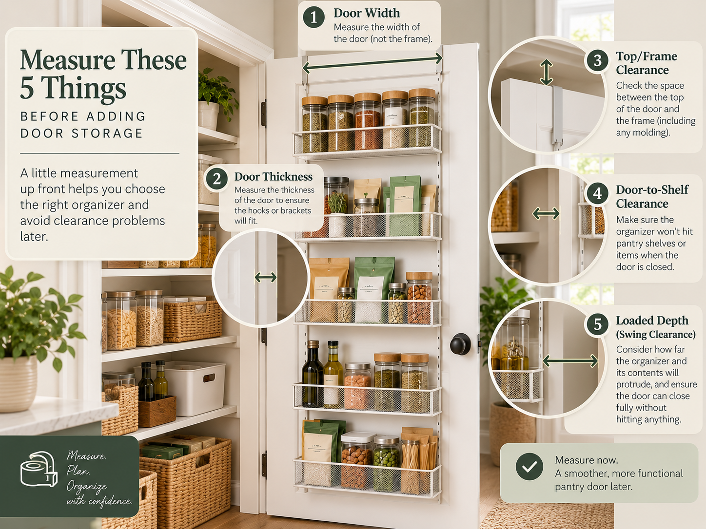 Pantry door measurement guide showing door width thickness shelf clearance and organizer depth