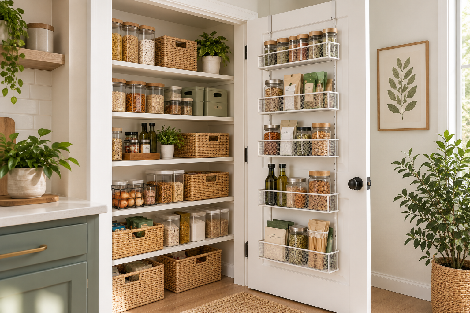 Organized pantry with practical storage on the inside of the pantry door