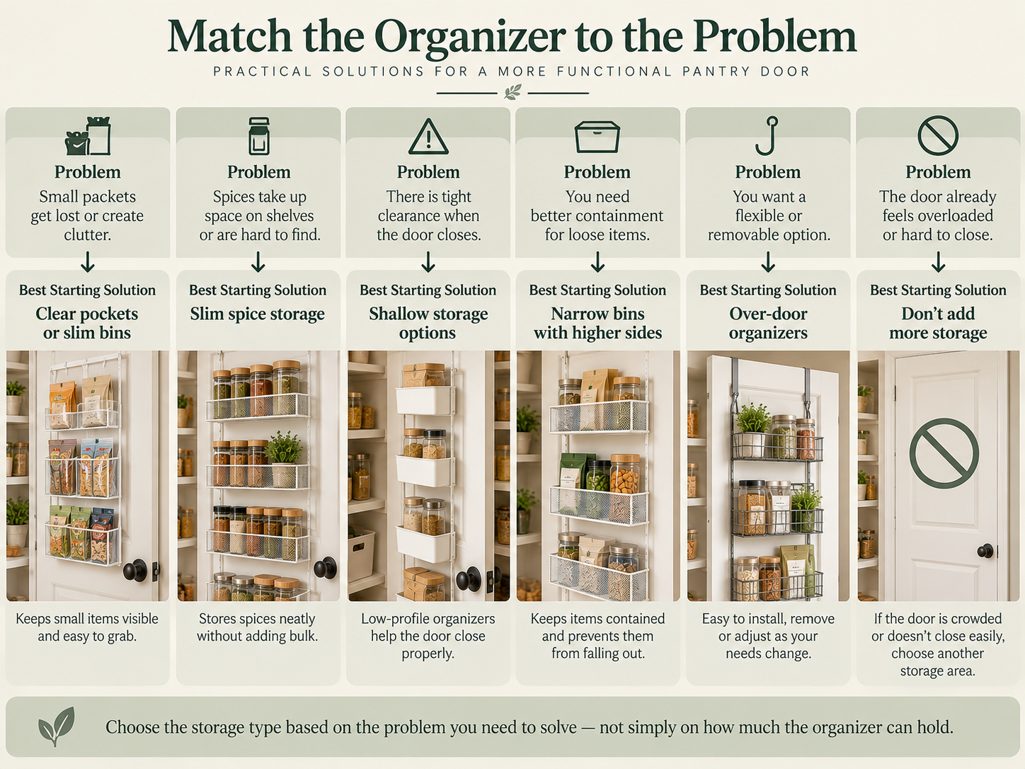 Pantry door organizer decision guide matching common storage problems to suitable solutions