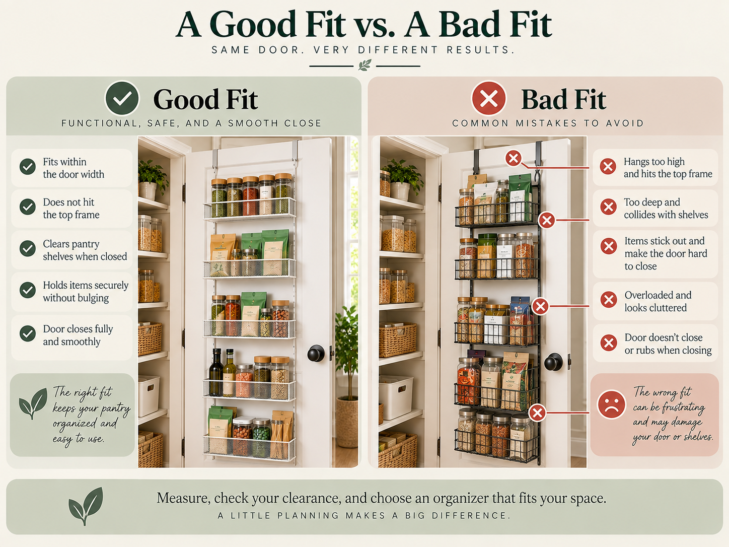 Good and bad pantry door storage showing proper clearance versus an overloaded obstructed door