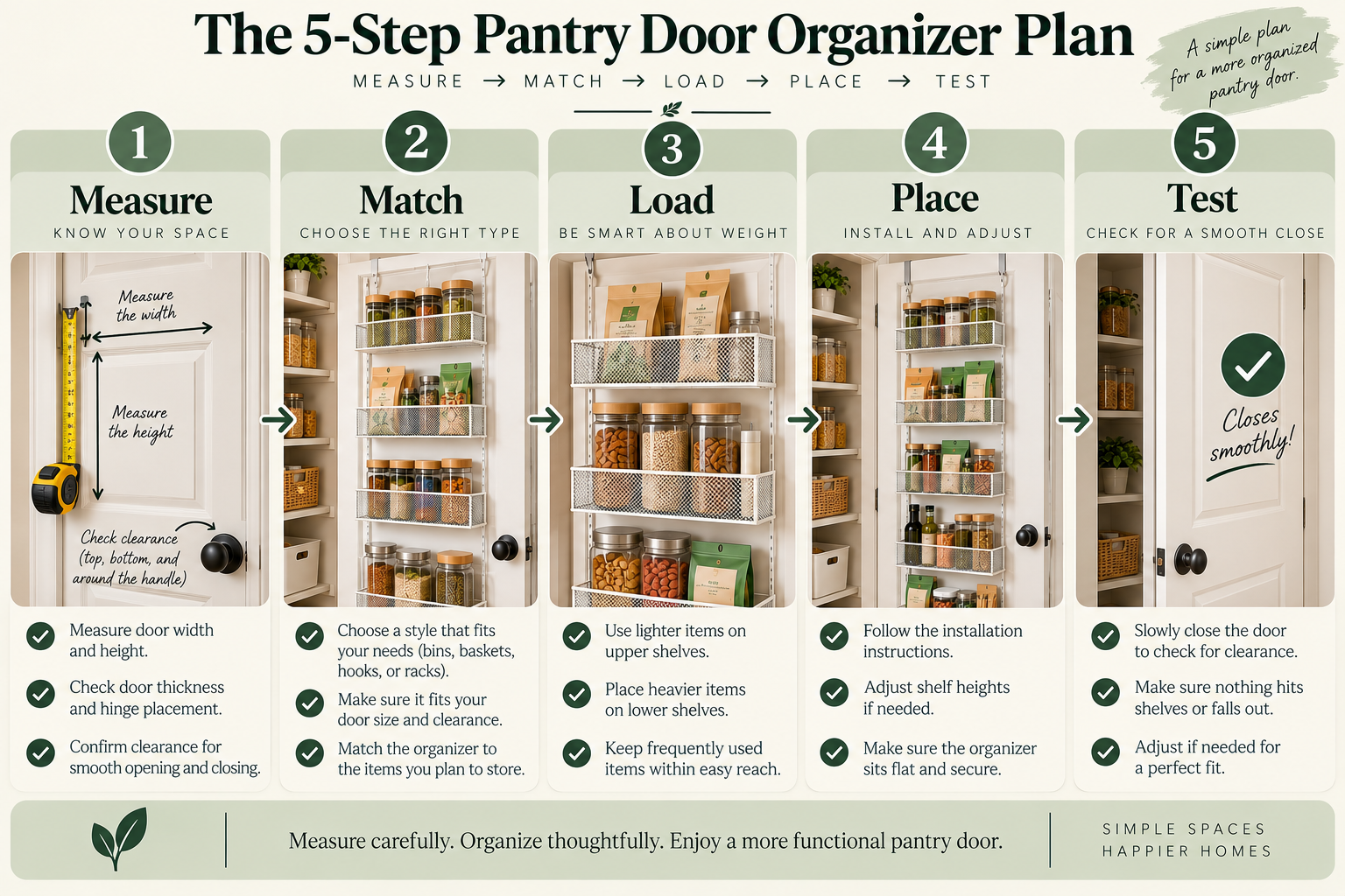 Pantry door storage system showing measure match load place and test