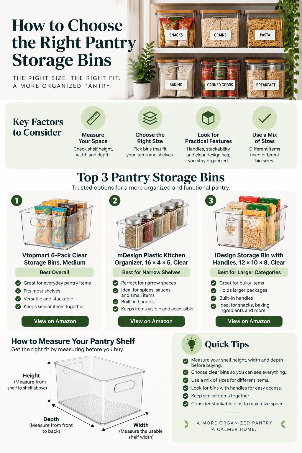Pantry storage bin selection guide showing key buying factors, three recommended bin types, and how to measure shelf height, depth, and width