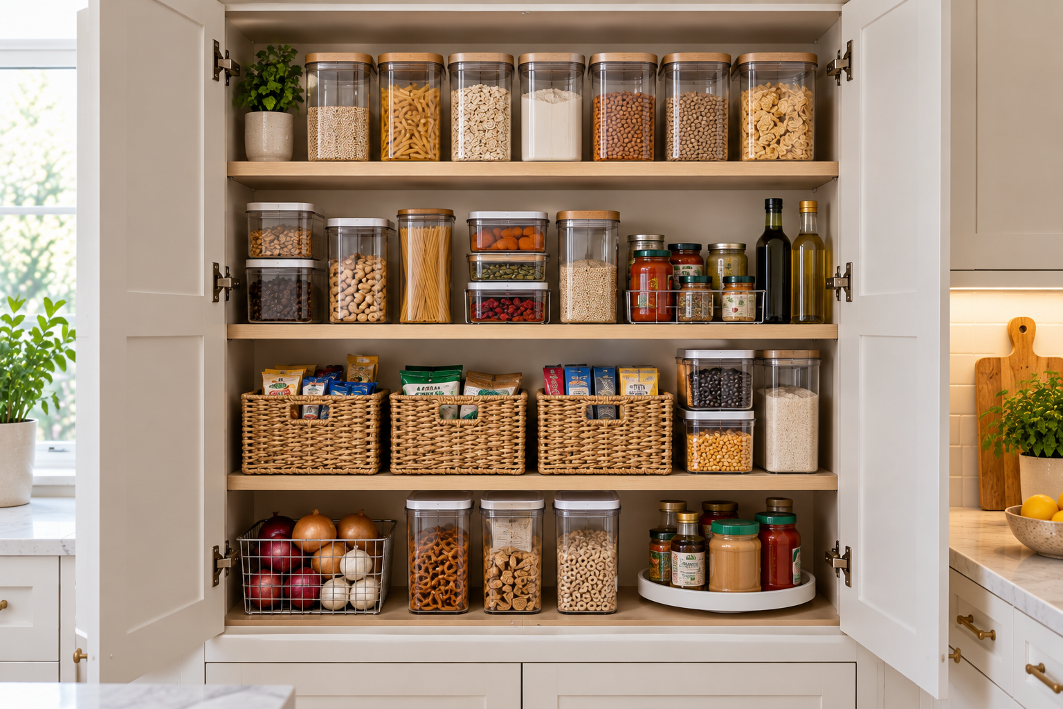 Kitchen cabinet organized as a primary food-storage zone without a dedicated pantry