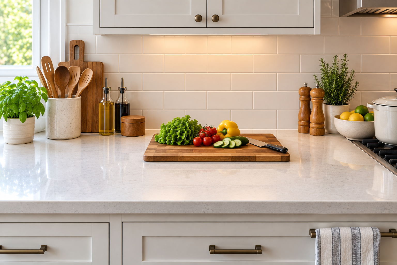 Kitchen counter with a clear central prep area and everyday cooking items kept around the edges