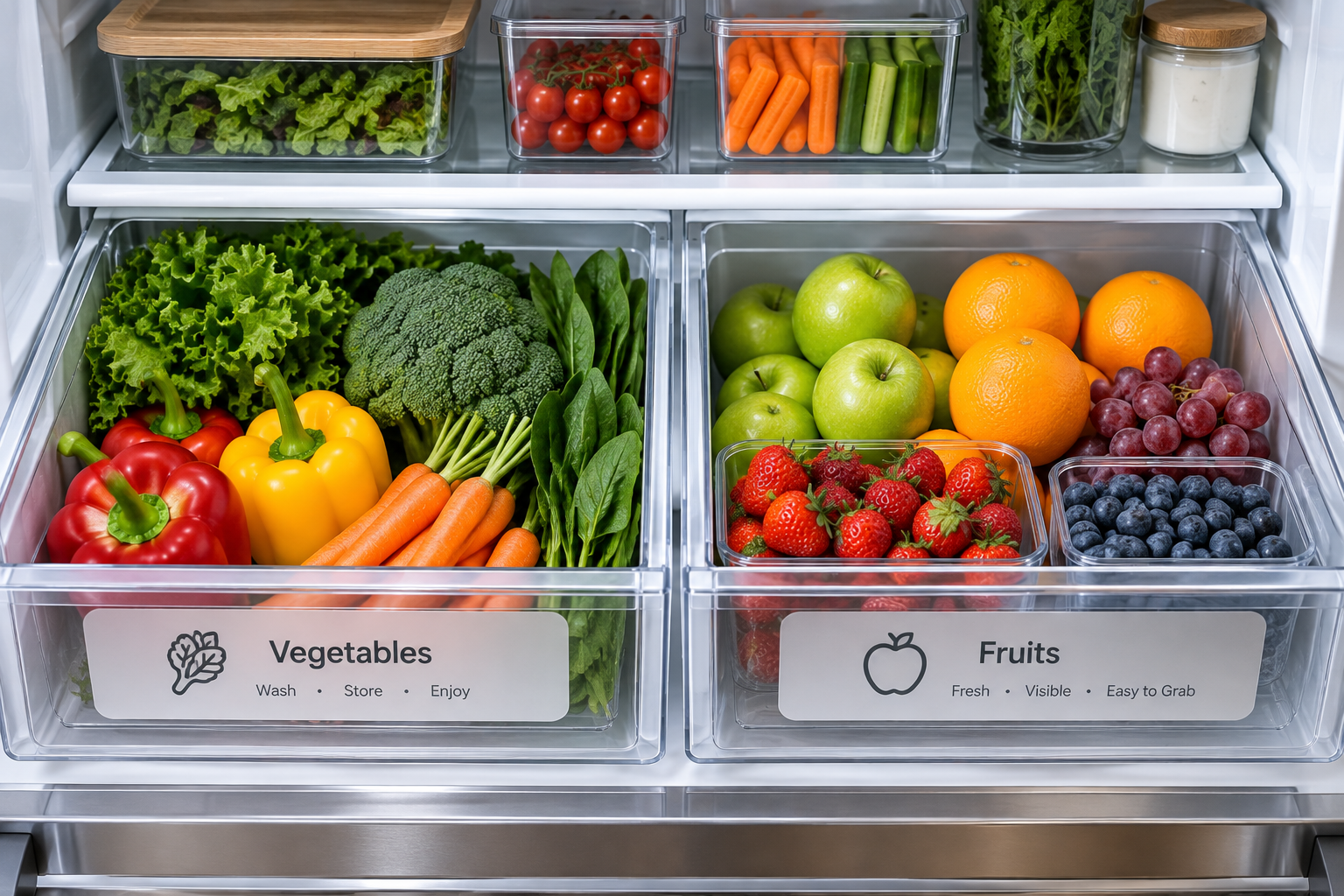 Refrigerator crisper drawers organized with fruits and vegetables for better visibility