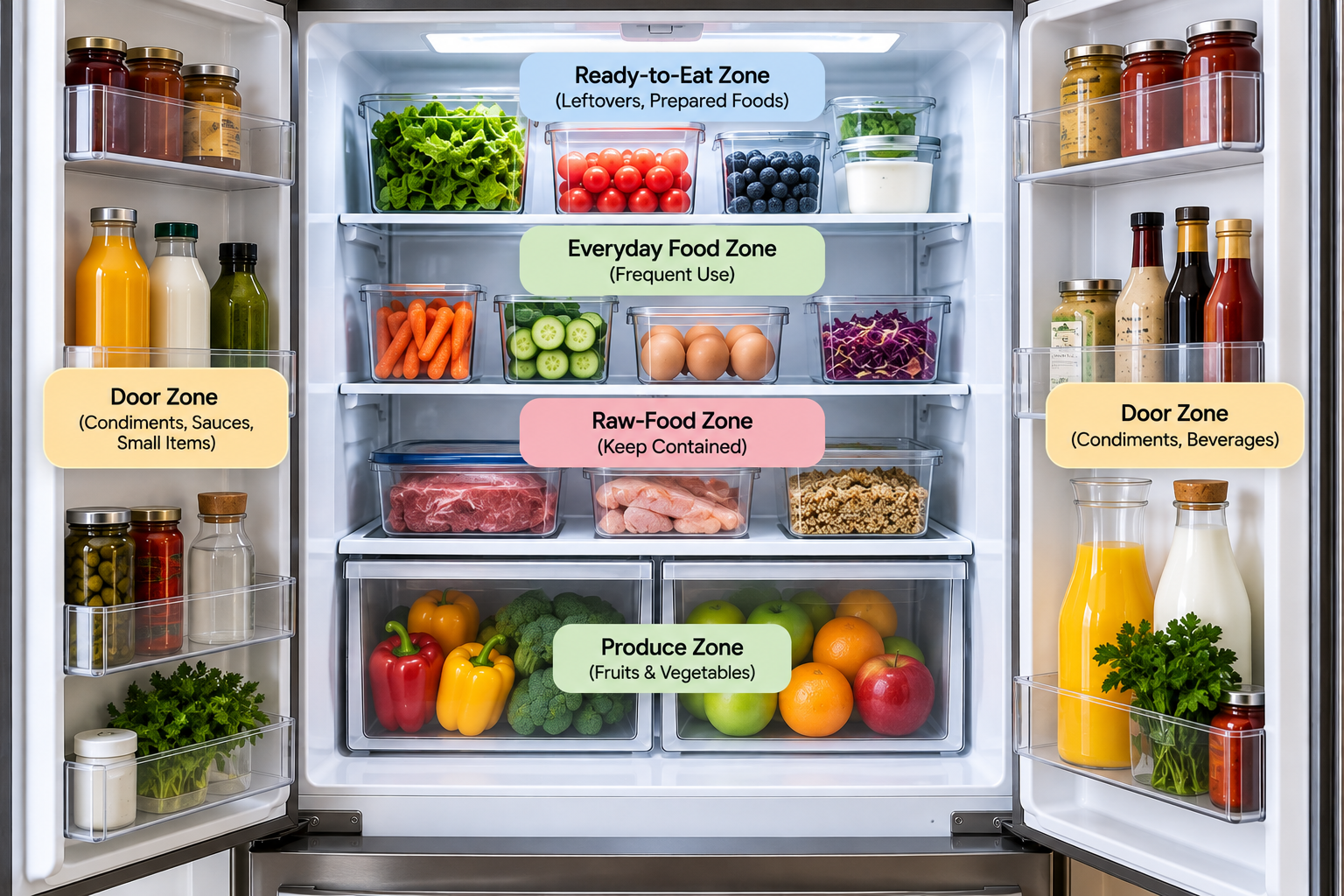 Refrigerator organized into practical food-storage zones for ready-to-eat foods, everyday foods, raw foods, produce, and door items