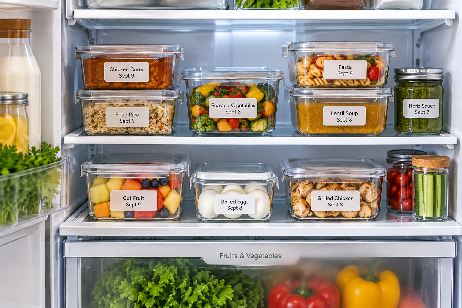 Refrigerator organized with visible leftovers and prepared foods for easier use