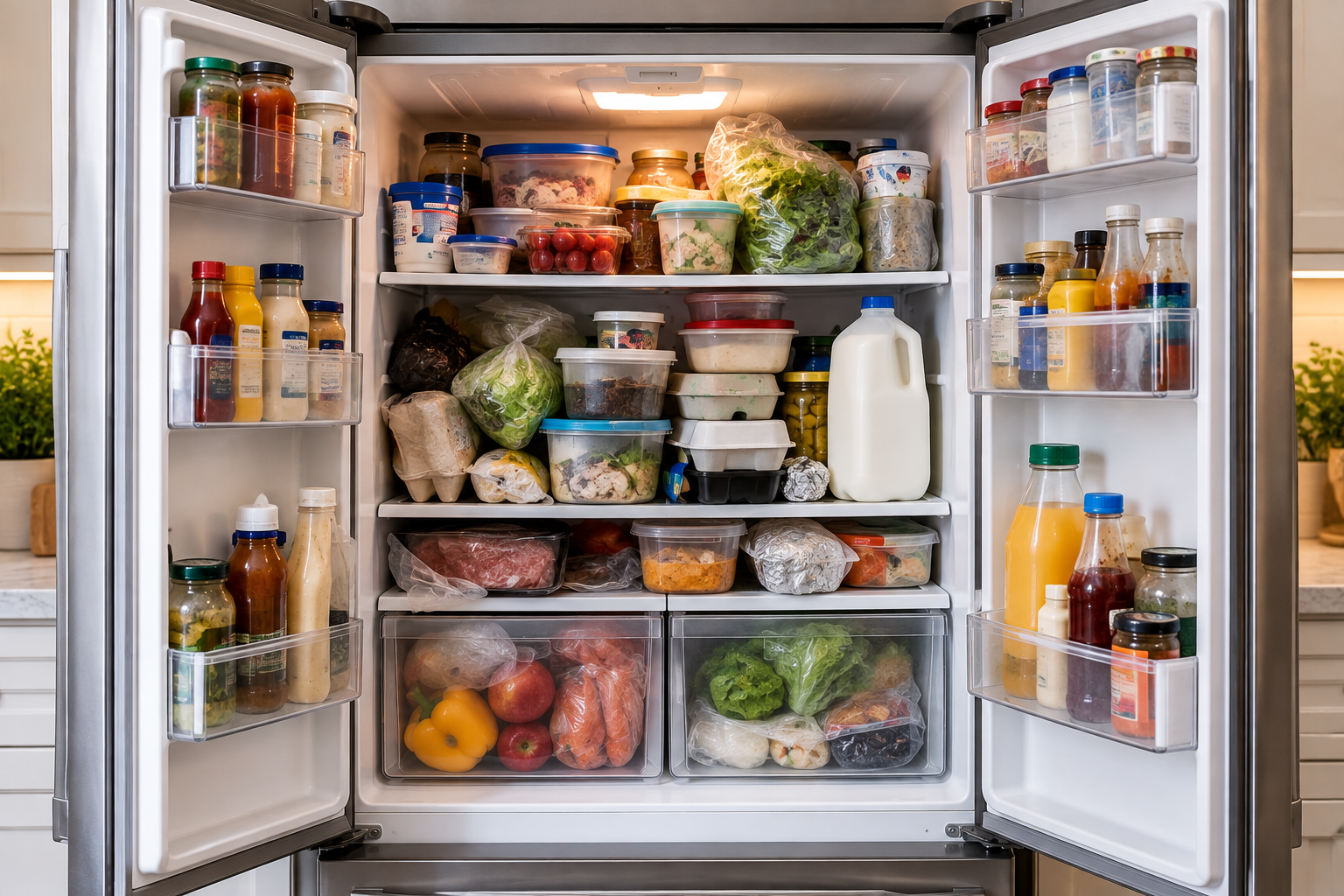 Overfilled refrigerator with food scattered across shelves, drawers, and door storage before organizing