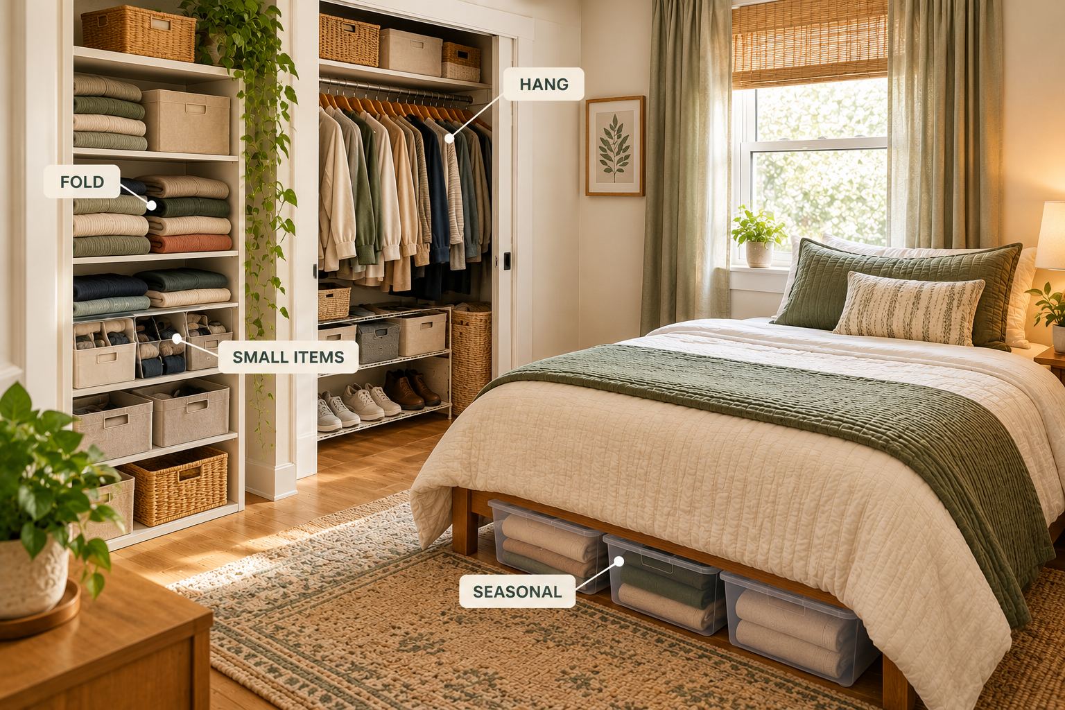 Small bedroom showing how different storage zones replace the jobs of a dresser