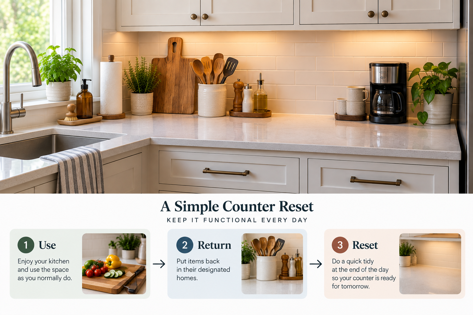 Simple kitchen counter reset routine showing use, return, and reset steps