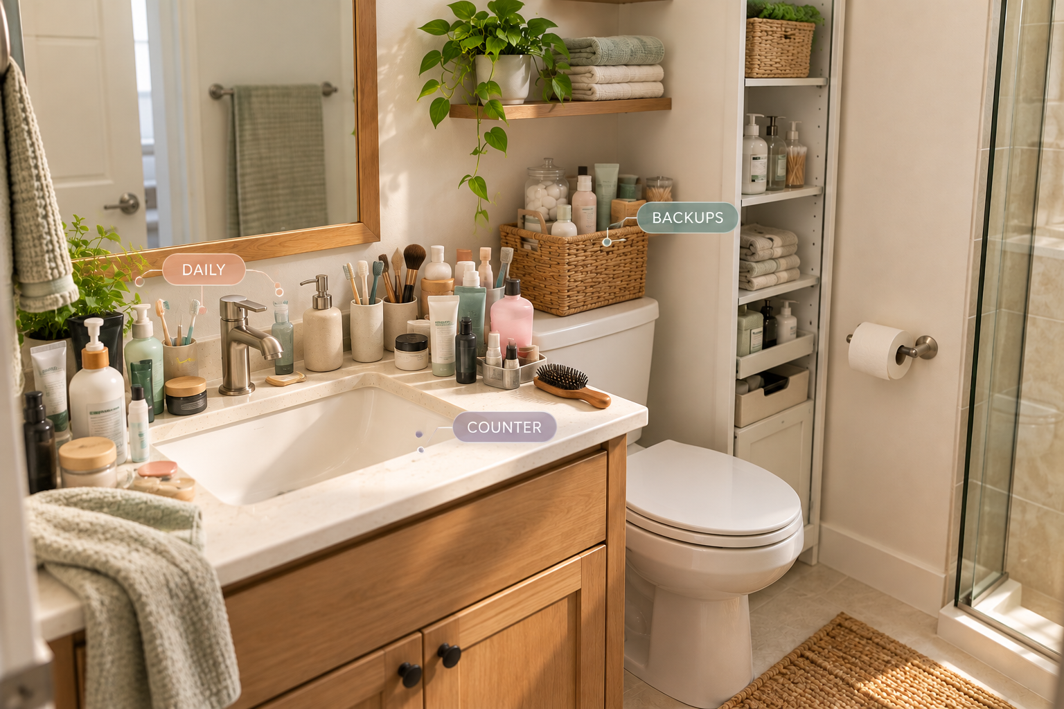 Crowded small bathroom sink area showing how toiletries consume limited counter space
