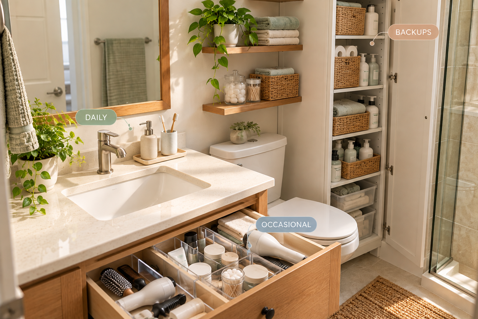 Small bathroom storage system separating daily, occasional, and backup toiletries