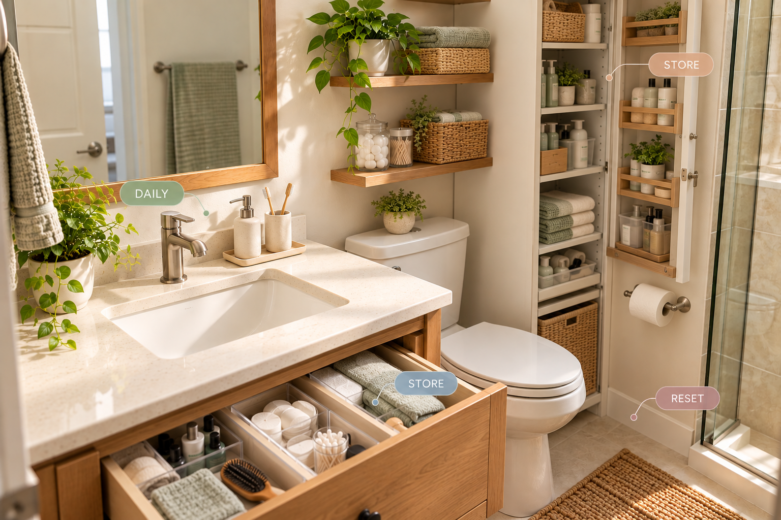 Organized small bathroom with a clear sink area and easy-to-maintain storage zones