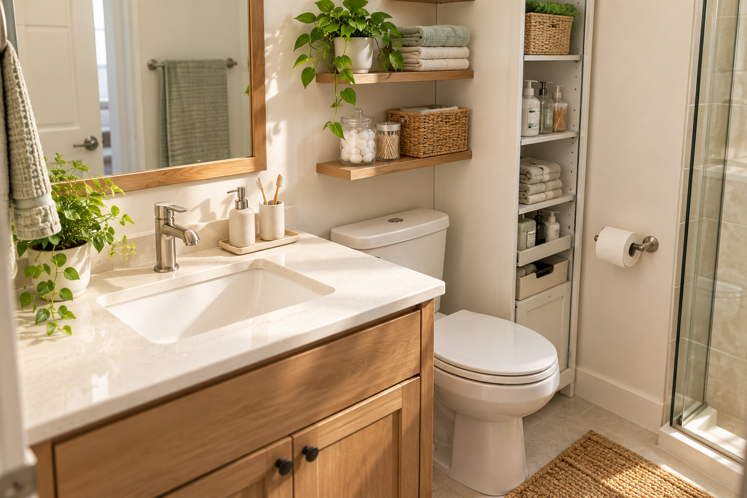 Small bathroom with a clear sink area and practical storage for daily essentials