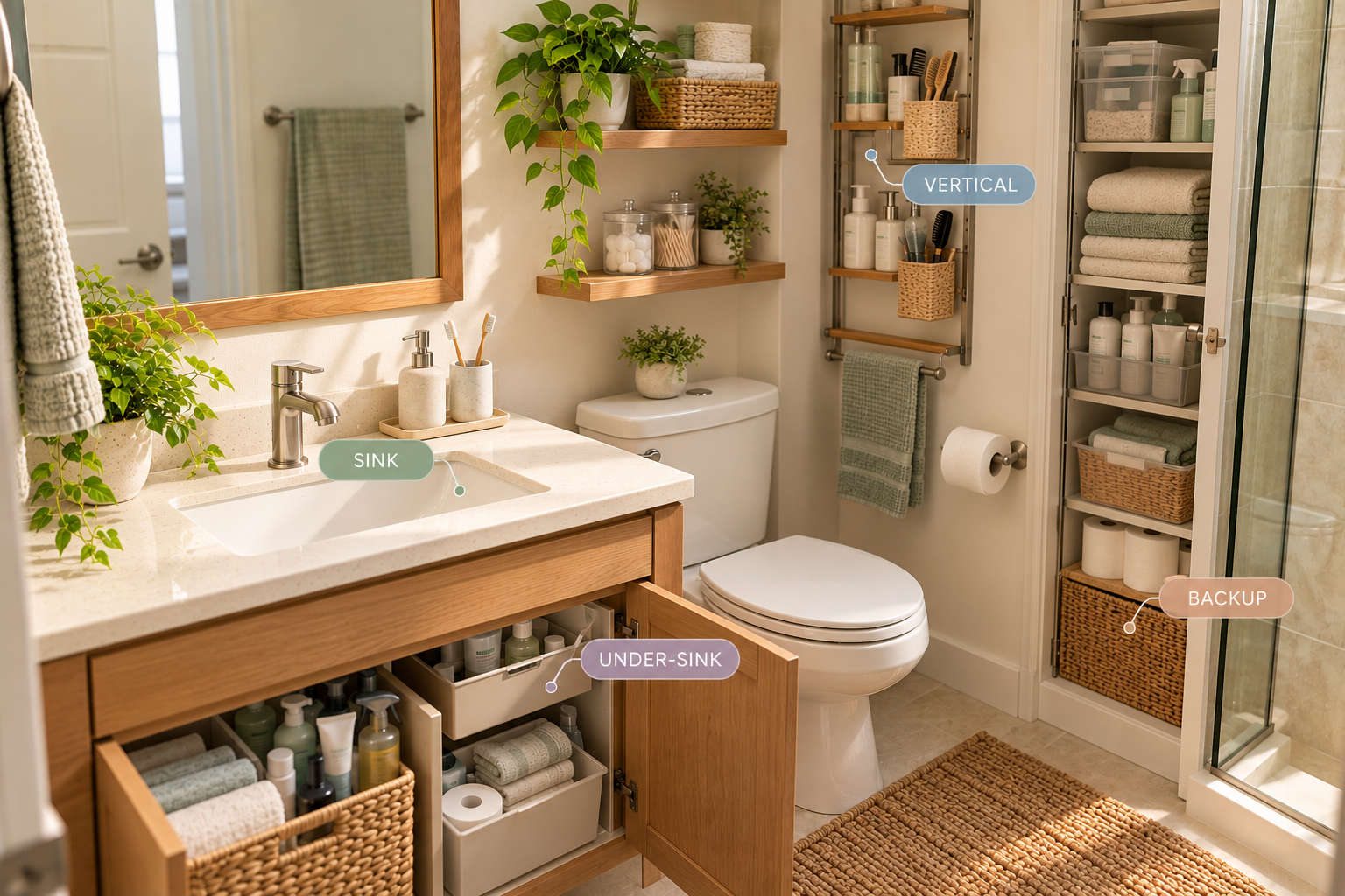 Small bathroom using vertical and nearby storage zones to keep the sink area clear