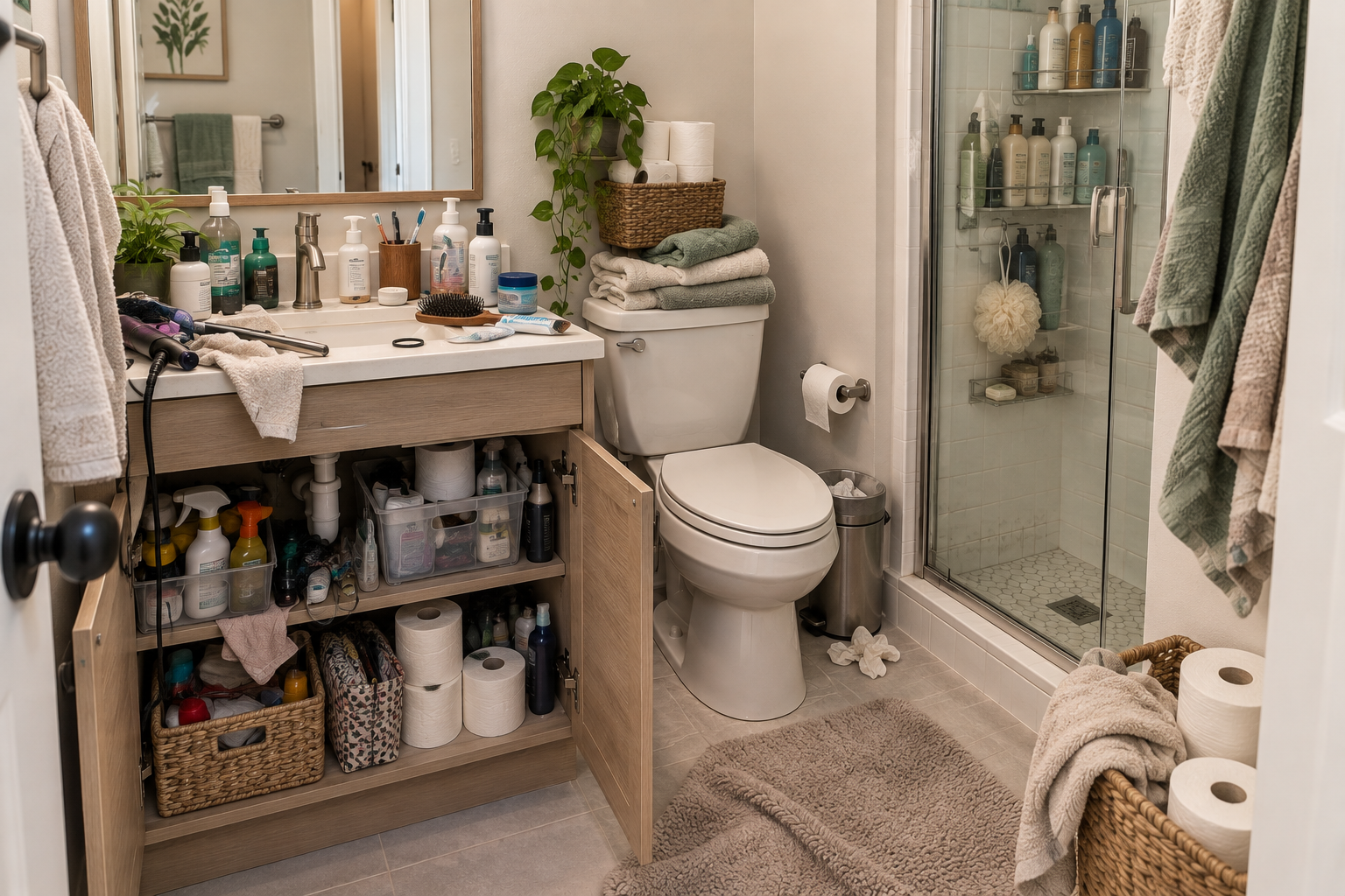 Small bathroom with crowded counters, overflowing toiletries, mixed storage categories, and limited usable space.