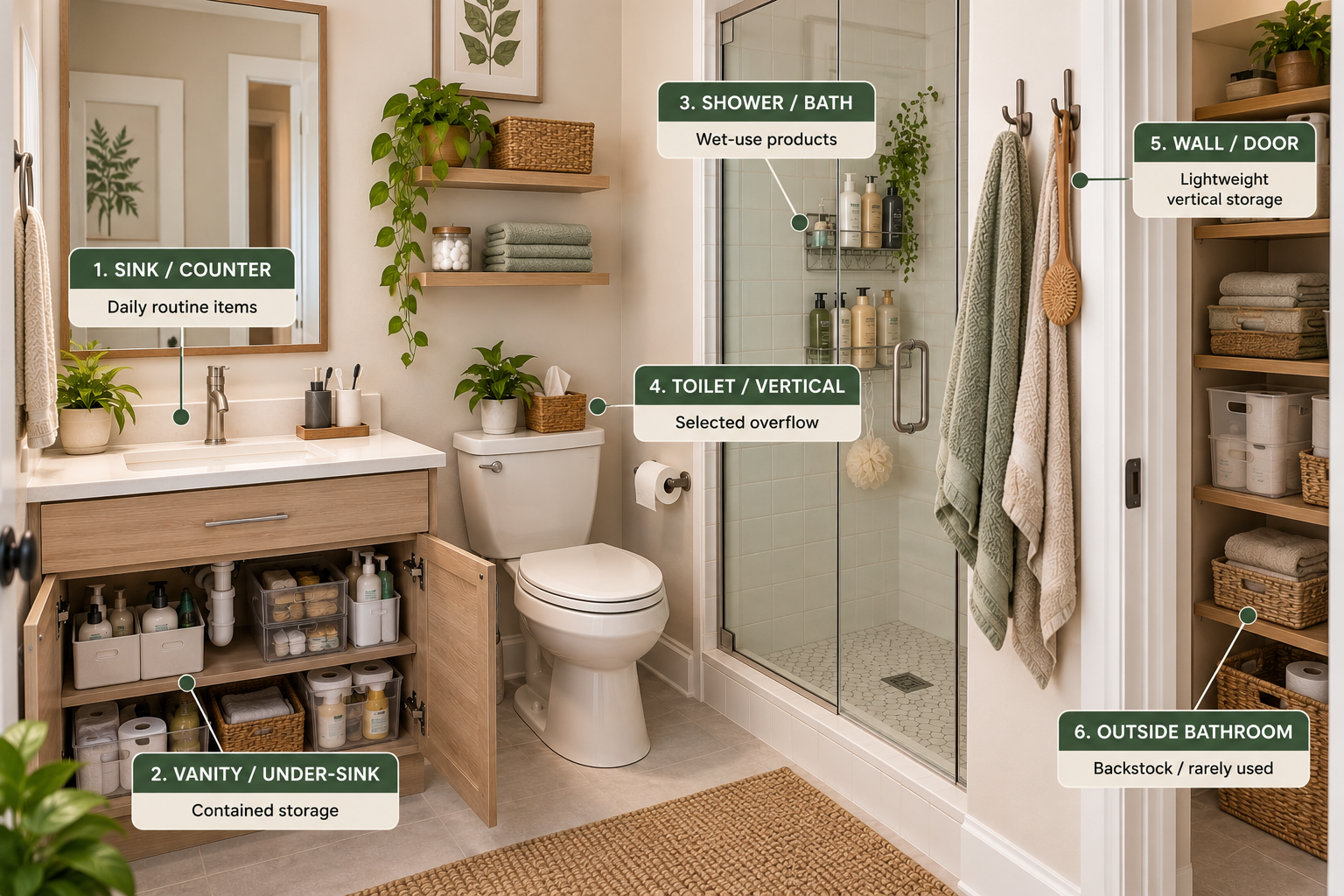 Small bathroom organized into sink, vanity, shower, toilet, wall, door, and secondary storage zones.