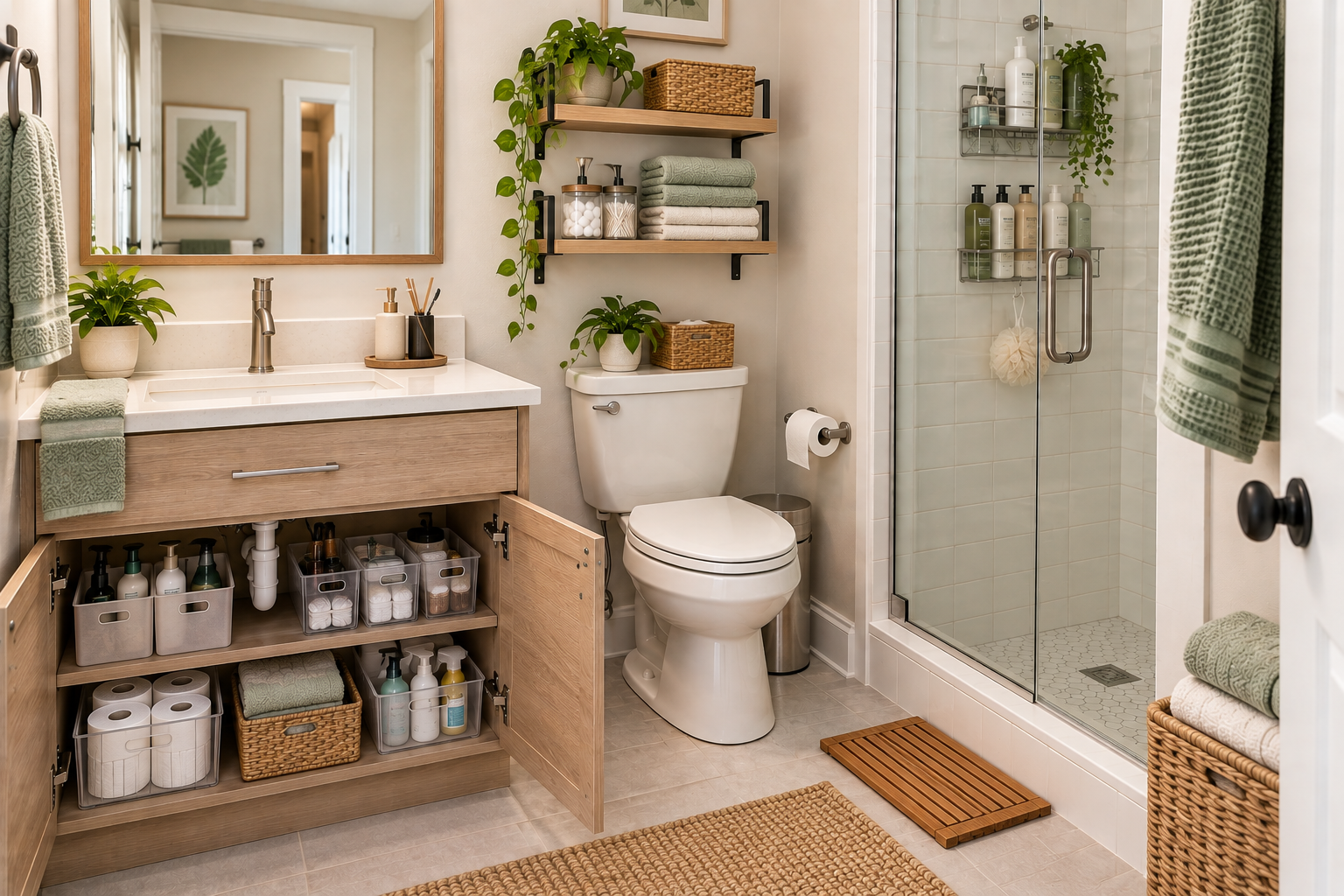 Small bathroom using practical under-sink, shower, towel, countertop, and vertical storage while preserving usable space.