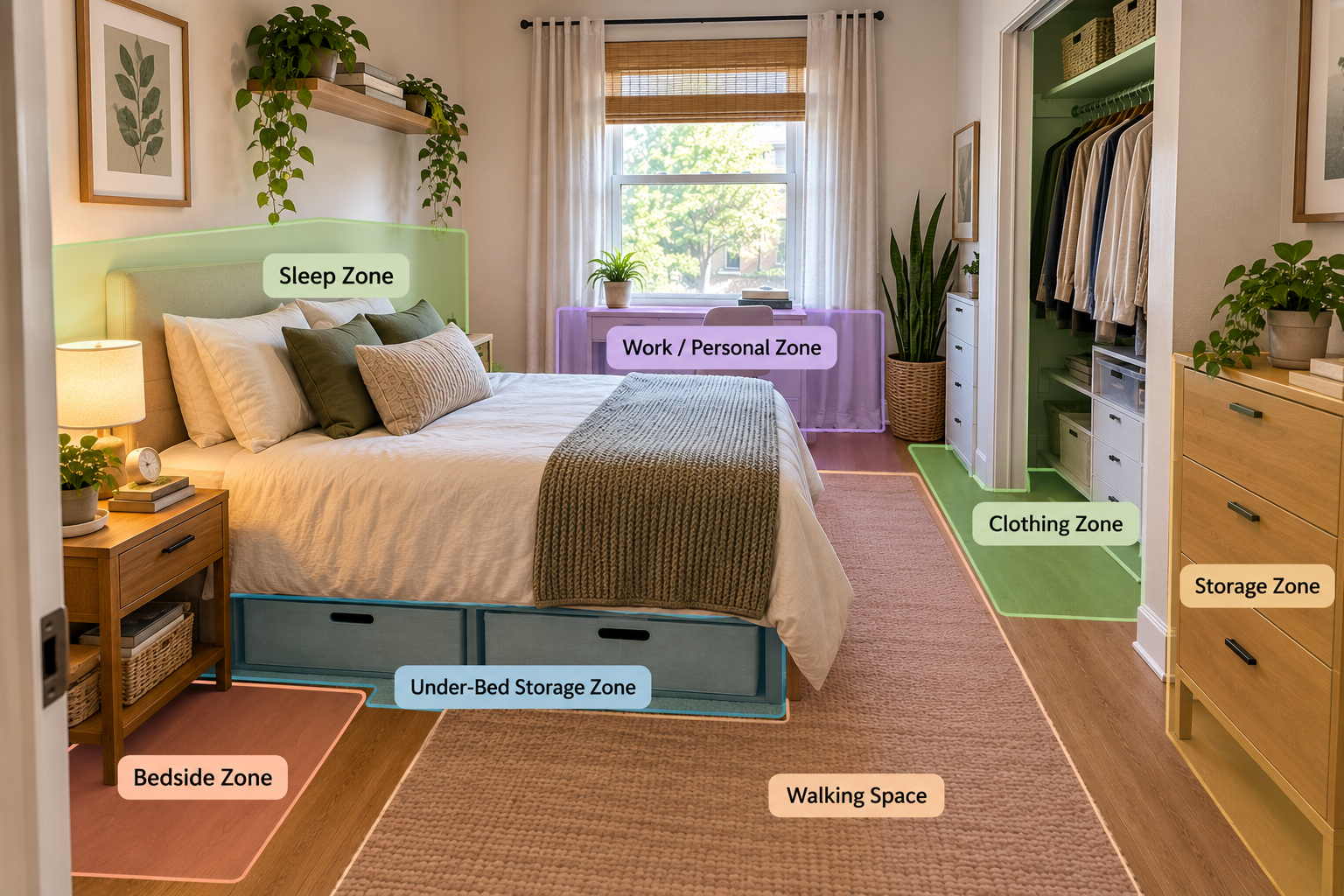 Small bedroom organized into functional zones for sleeping, clothing, storage, bedside items, under-bed storage, work or personal use, and walking space.