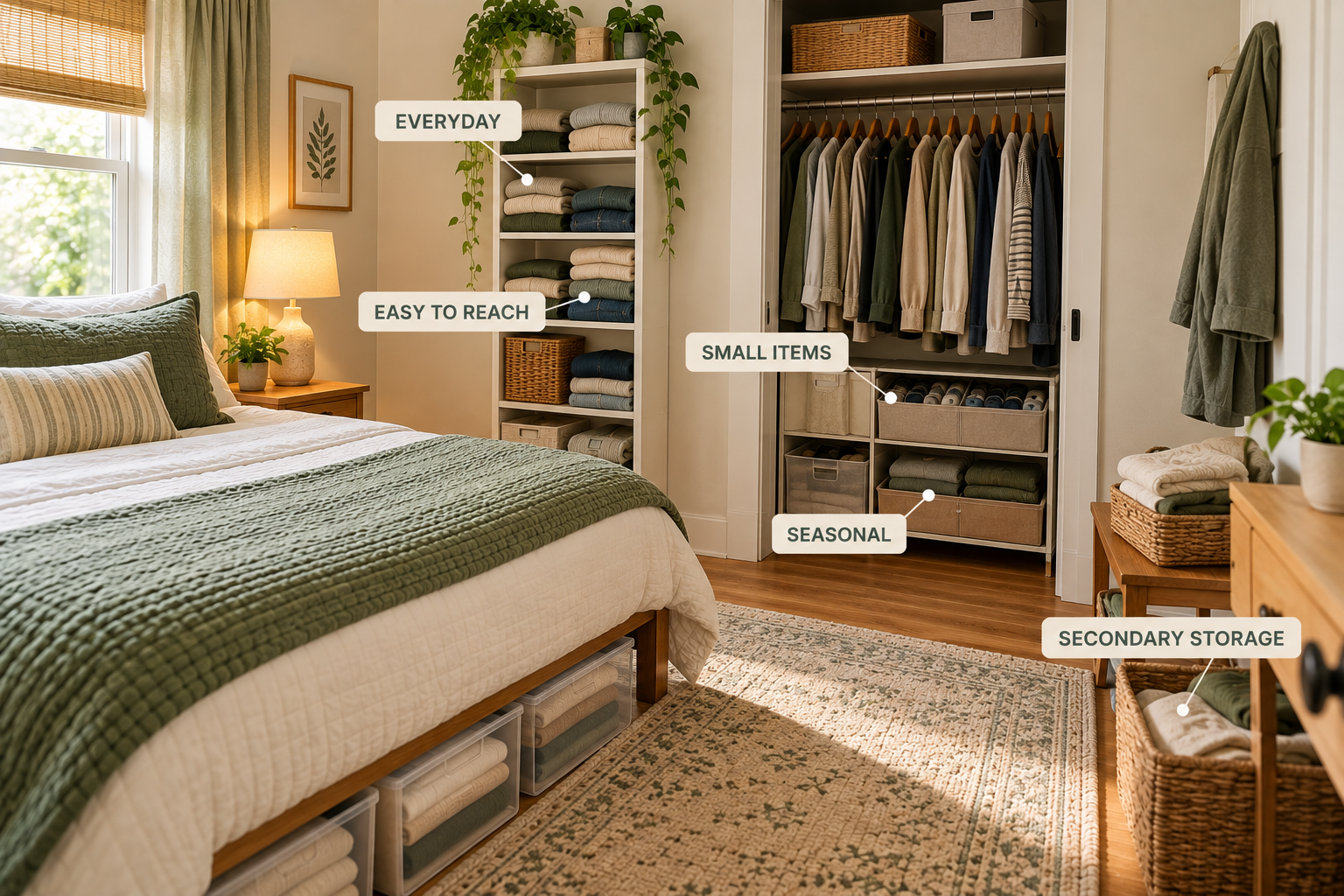 Dresser-free small bedroom with organized clothing zones for everyday and occasional items