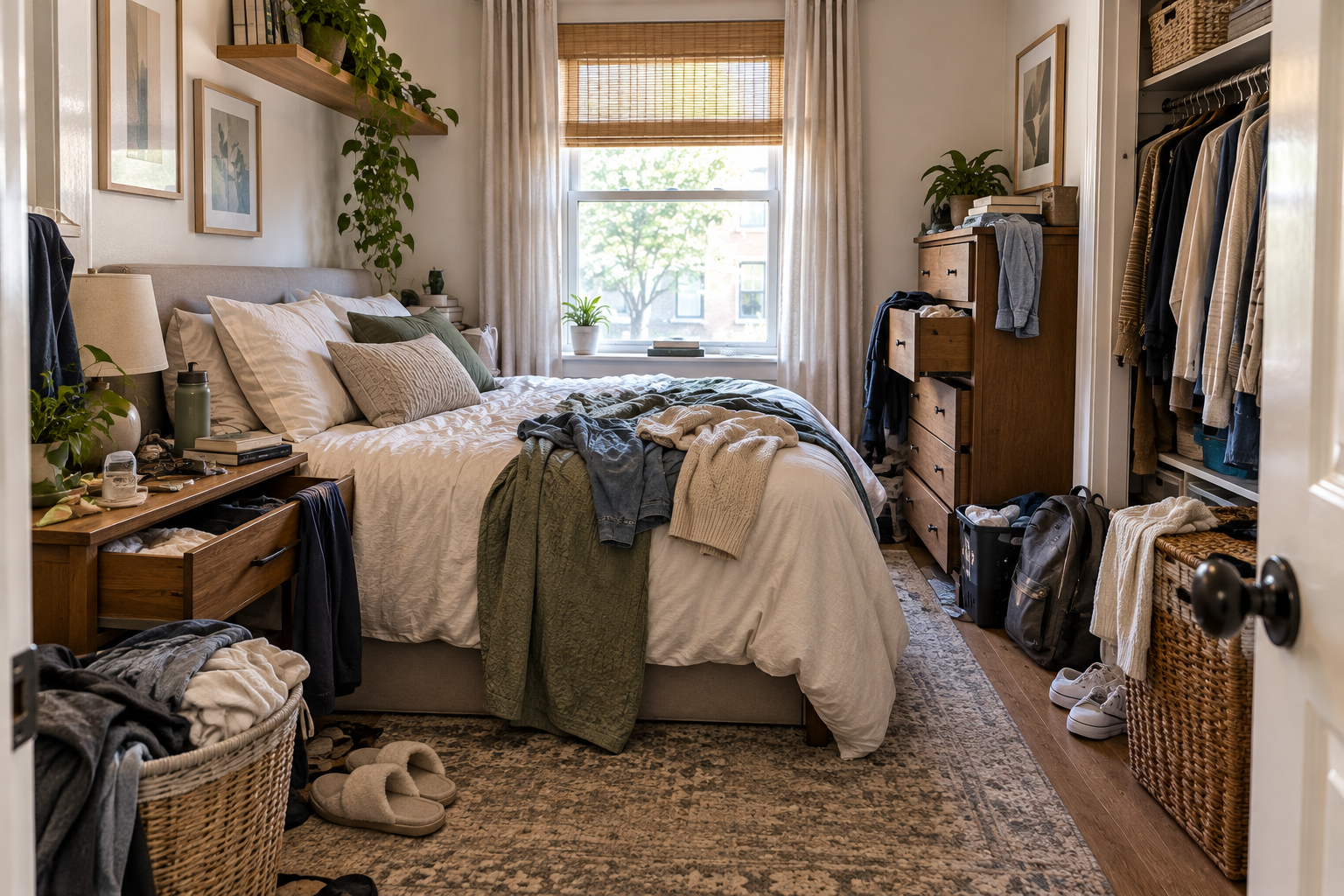 Small bedroom with crowded furniture, overflowing clothing, floor clutter, and limited walking space showing common organization bottlenecks.