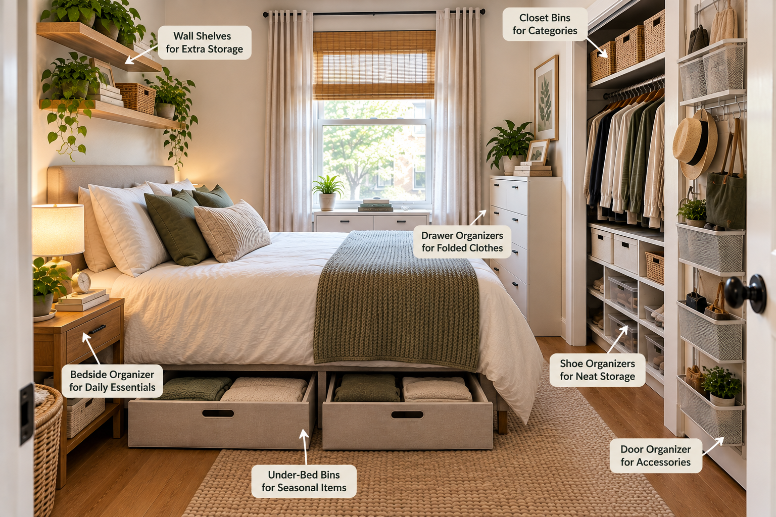 Small bedroom showing storage solutions matched to specific needs, including wall shelves, bedside storage, under-bed bins, drawer organizers, closet bins, shoe storage, and a door organizer.