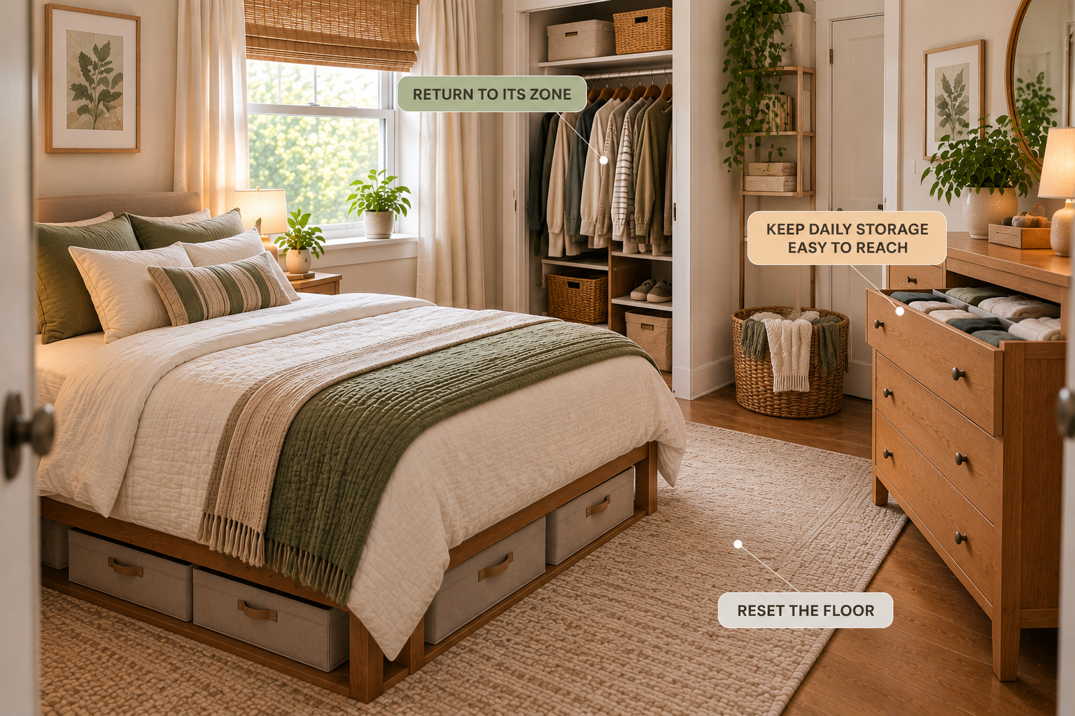 Simple reset system for keeping a small bedroom organized with limited storage