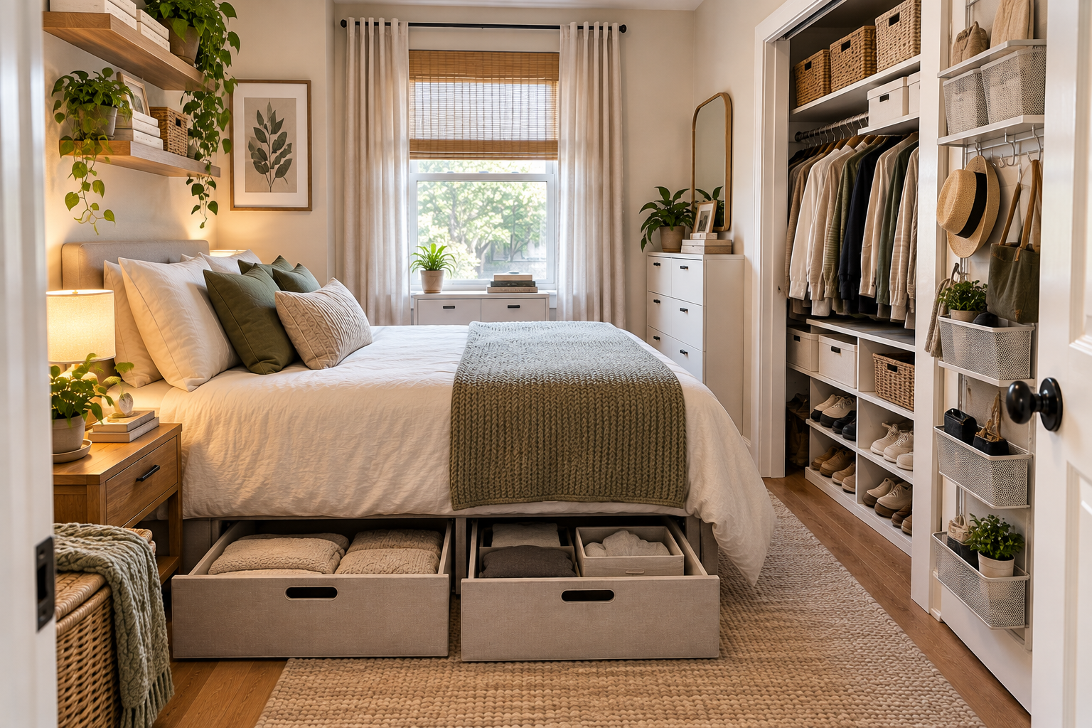 Small bedroom using under-bed storage, organized closet shelving, door storage, drawers, and wall shelves to maximize available storage space.