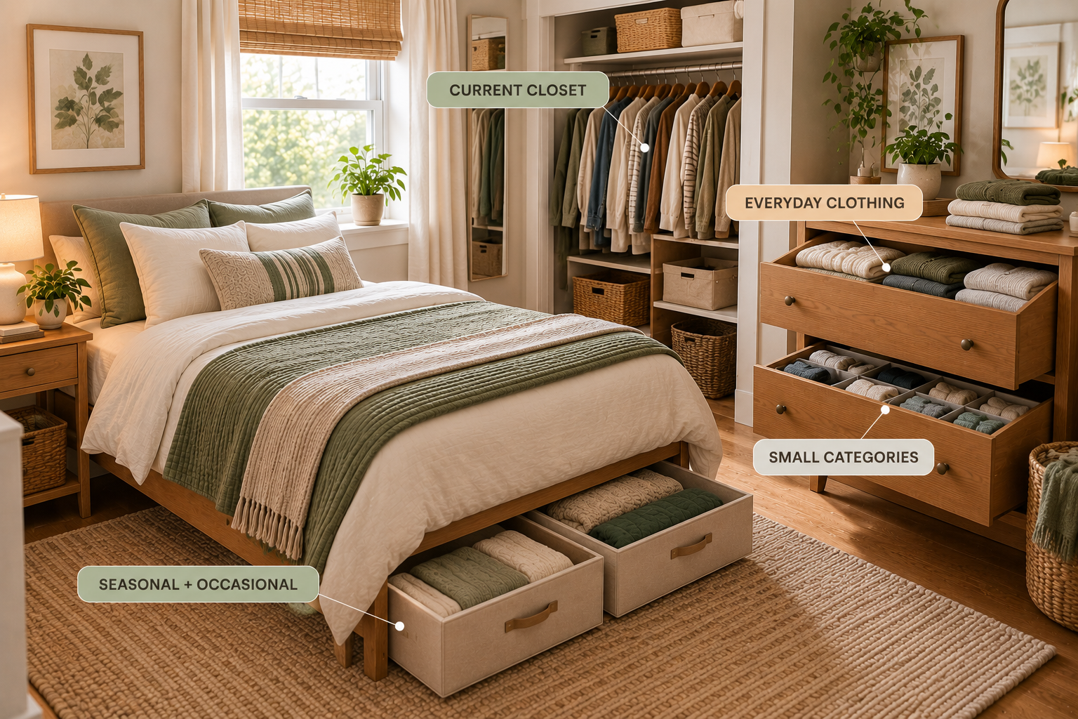 Small bedroom with closet, dresser, drawers, and under-bed storage assigned different jobs