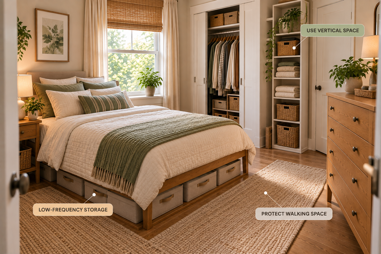 Small bedroom using vertical and under-bed storage while preserving walking space