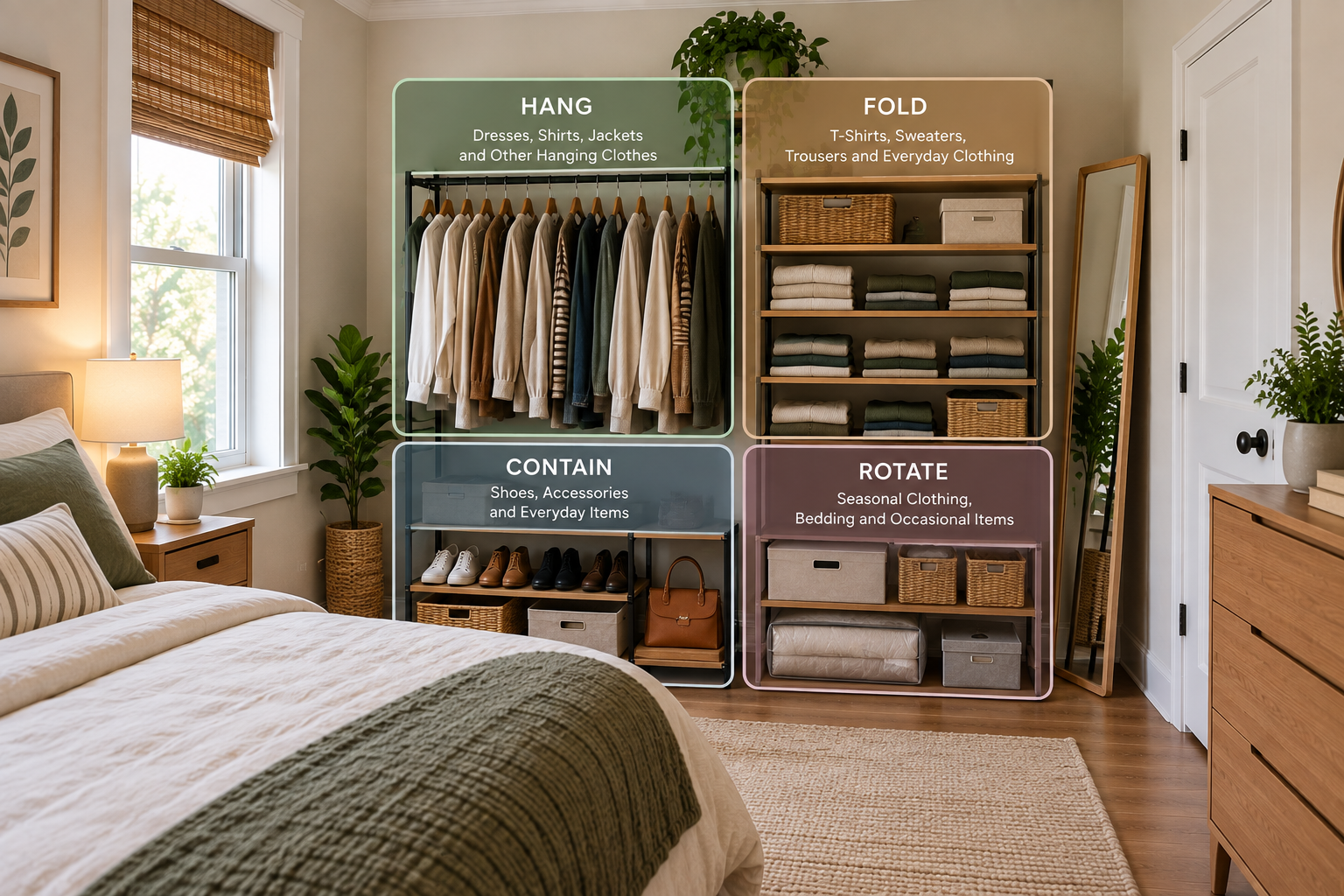 Small bedroom without a closet organized into hanging, folded, contained, and seasonal clothing storage zones.