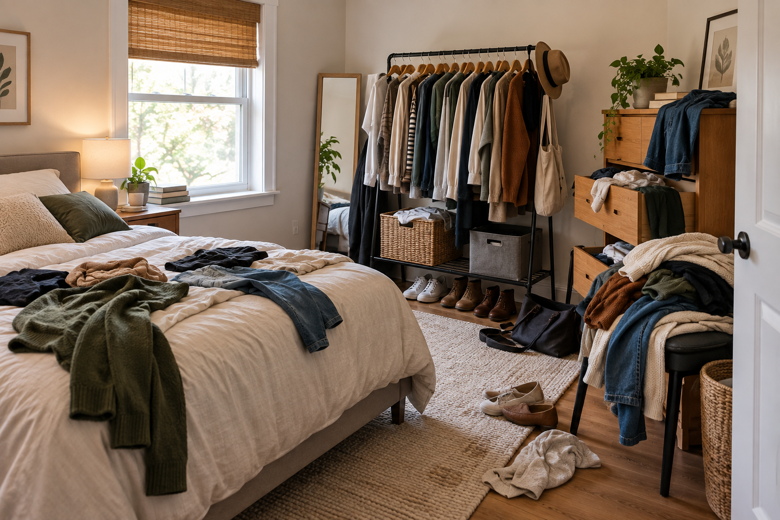 Small bedroom without a closet with clothing overflow, floor clutter, crowded storage, and limited walking space.