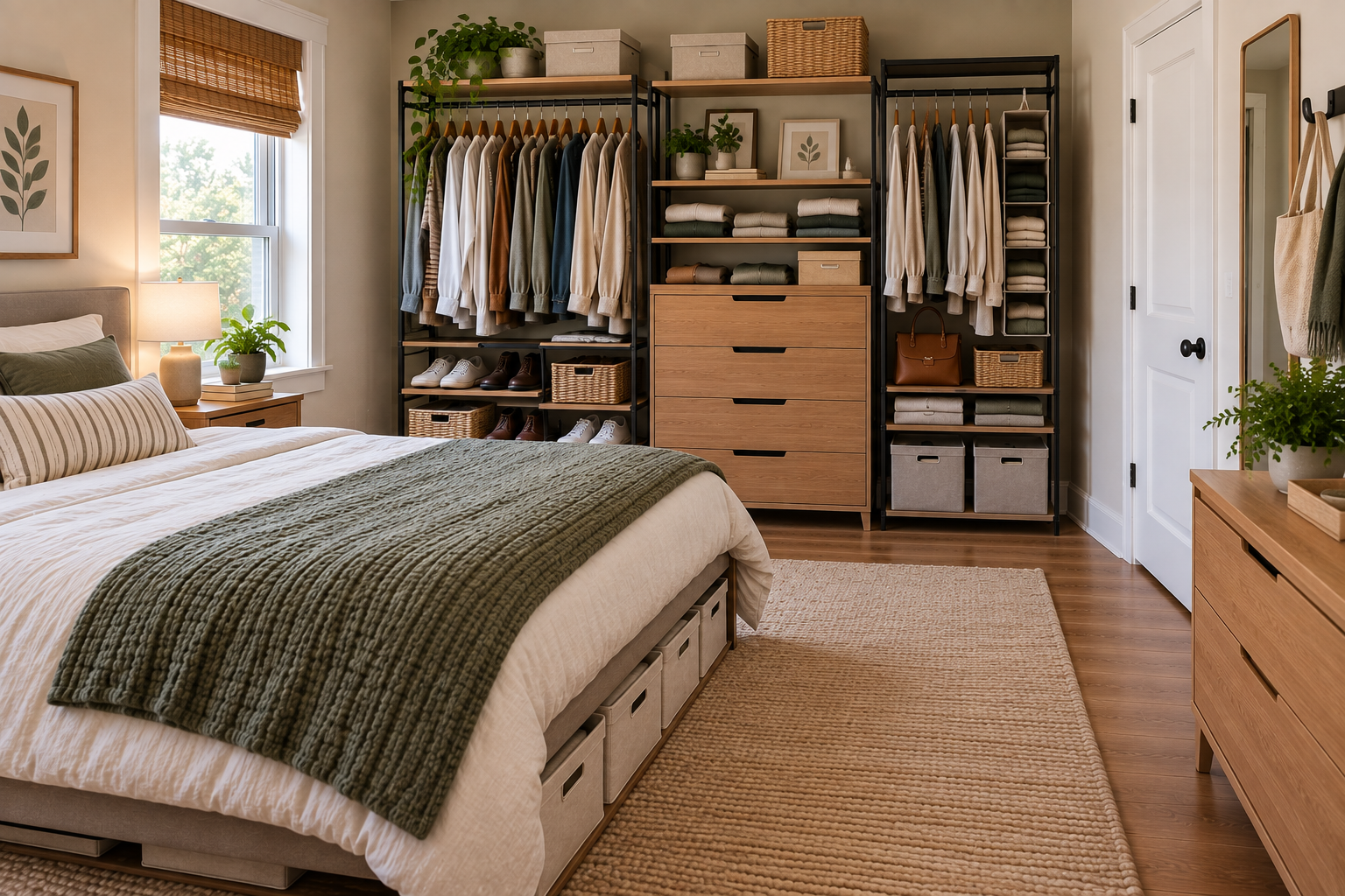 Small bedroom without a closet using a compact clothing rack, drawers, shelves, shoe storage, and under-bed storage while preserving walking space.