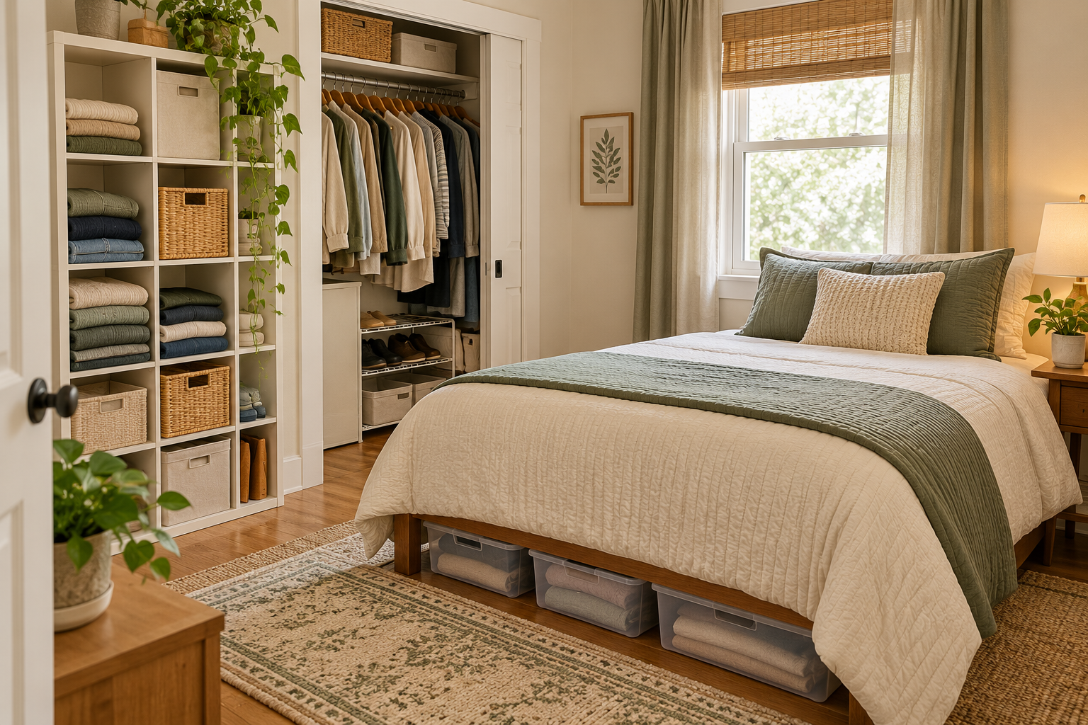 Small bedroom organized without a dresser using compact clothing storage zones