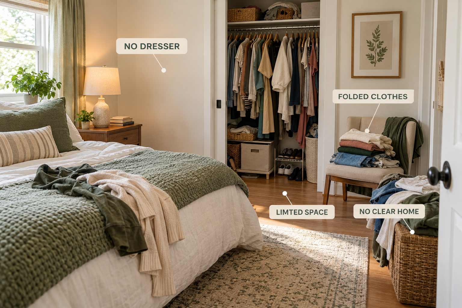 Small bedroom showing the clothing storage problems caused by having no dresser