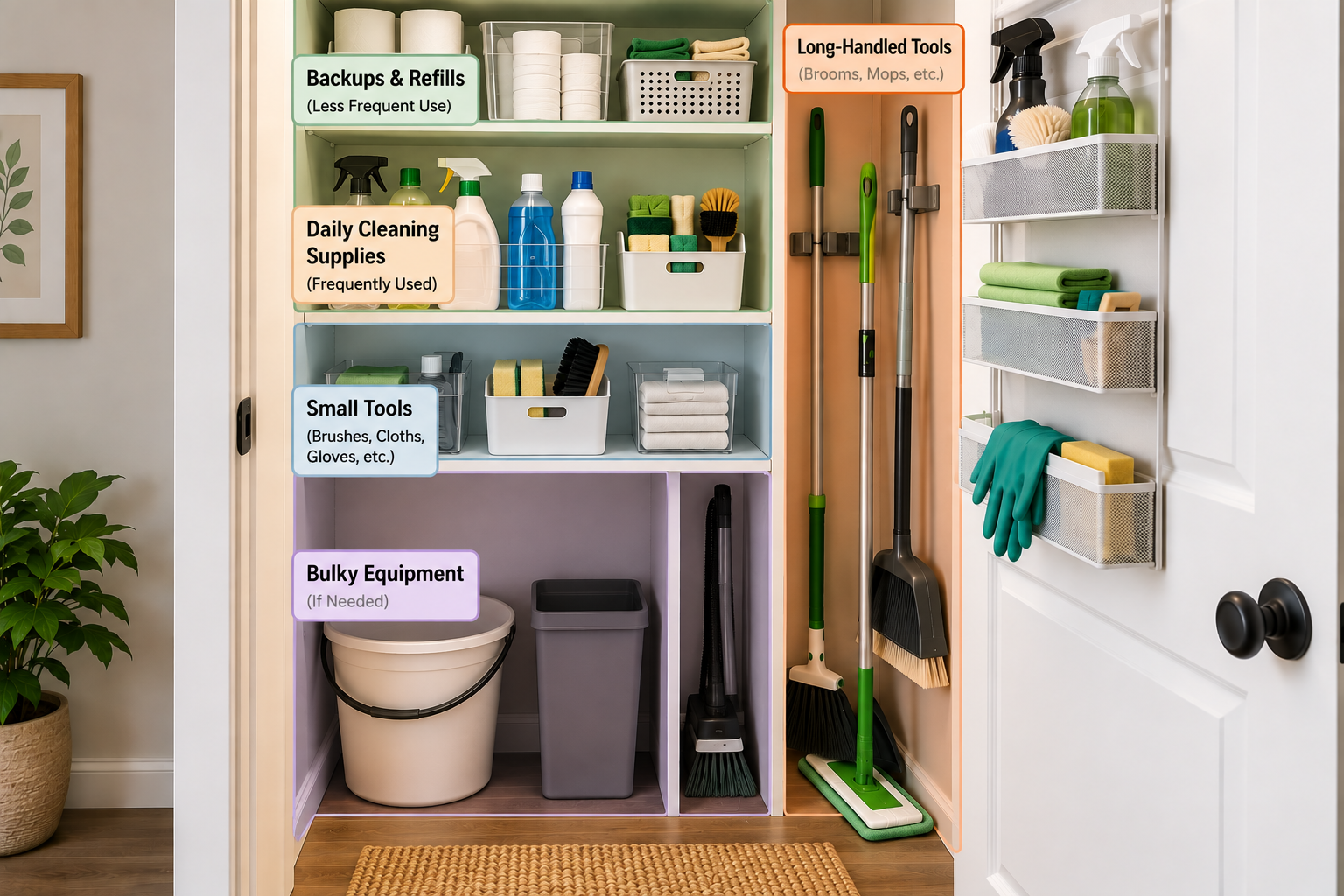 Functional zones for organizing a small cleaning closet including daily supplies small tools long tools and backups