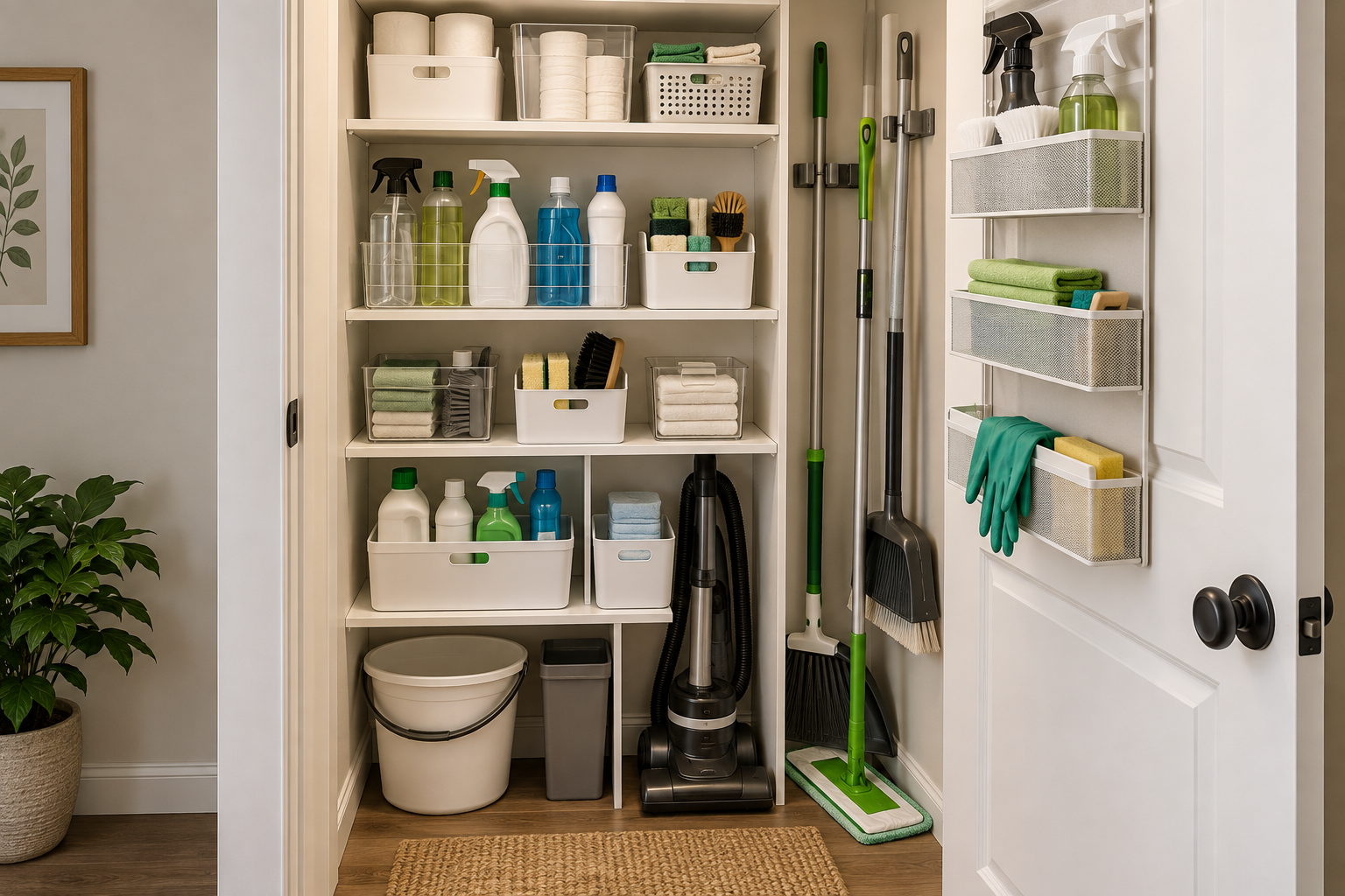 Organized small cleaning closet with defined zones for daily supplies tools and backups
