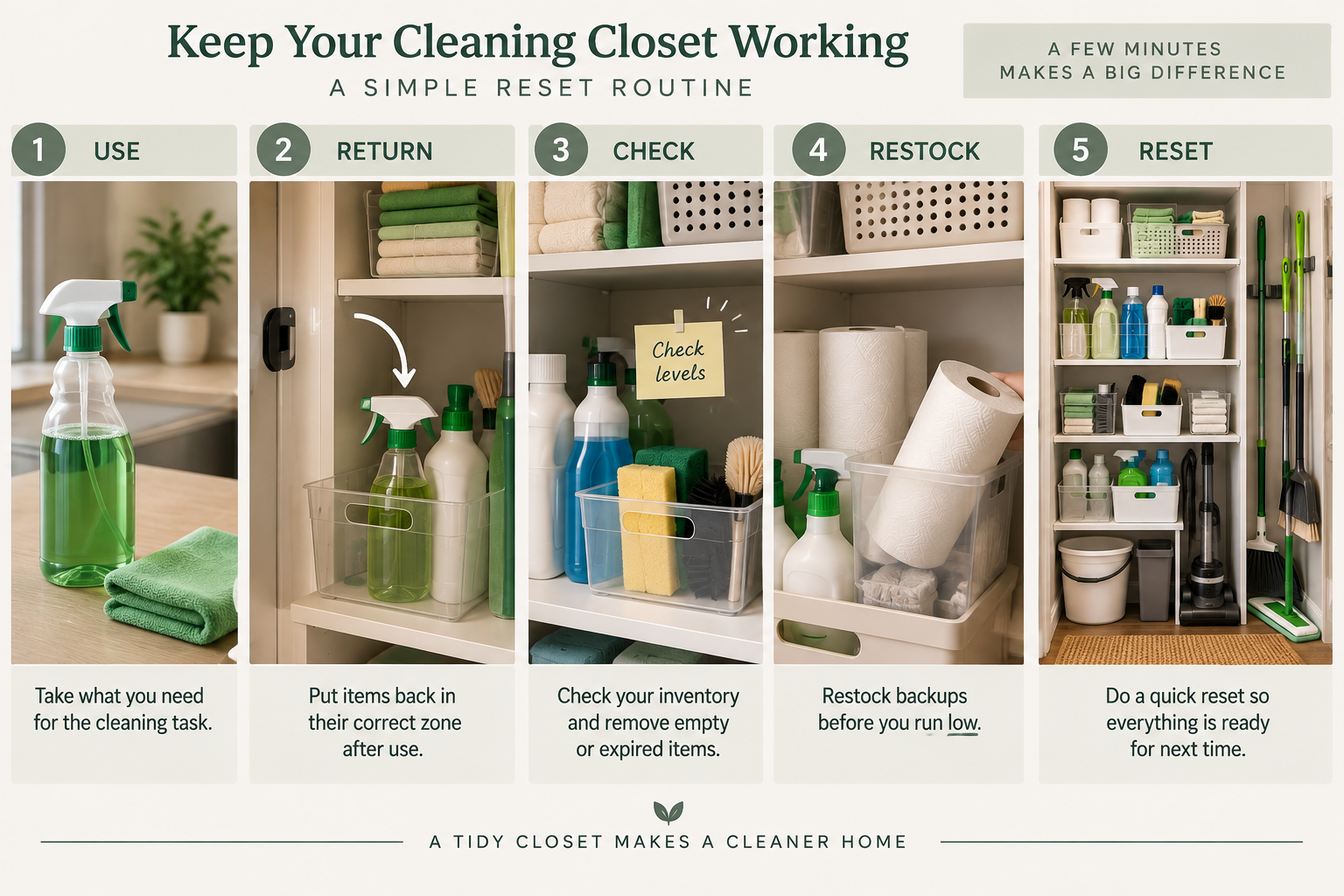 Small cleaning closet reset routine showing how to return supplies check inventory restock and maintain storage zones