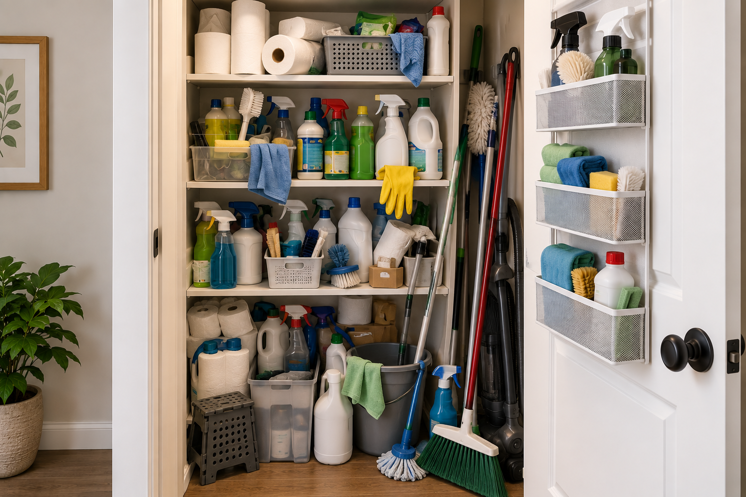 Crowded small cleaning closet with mixed supplies tools and limited usable storage space