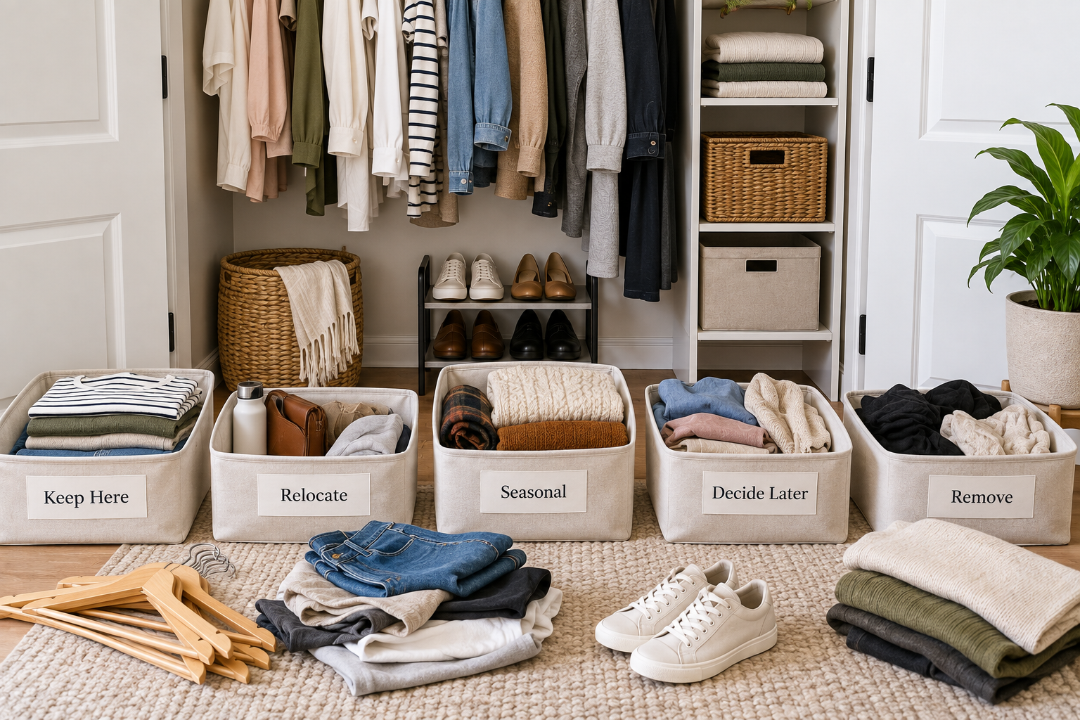 Small closet contents sorted into keep here, relocate, seasonal, decide later, and remove groups