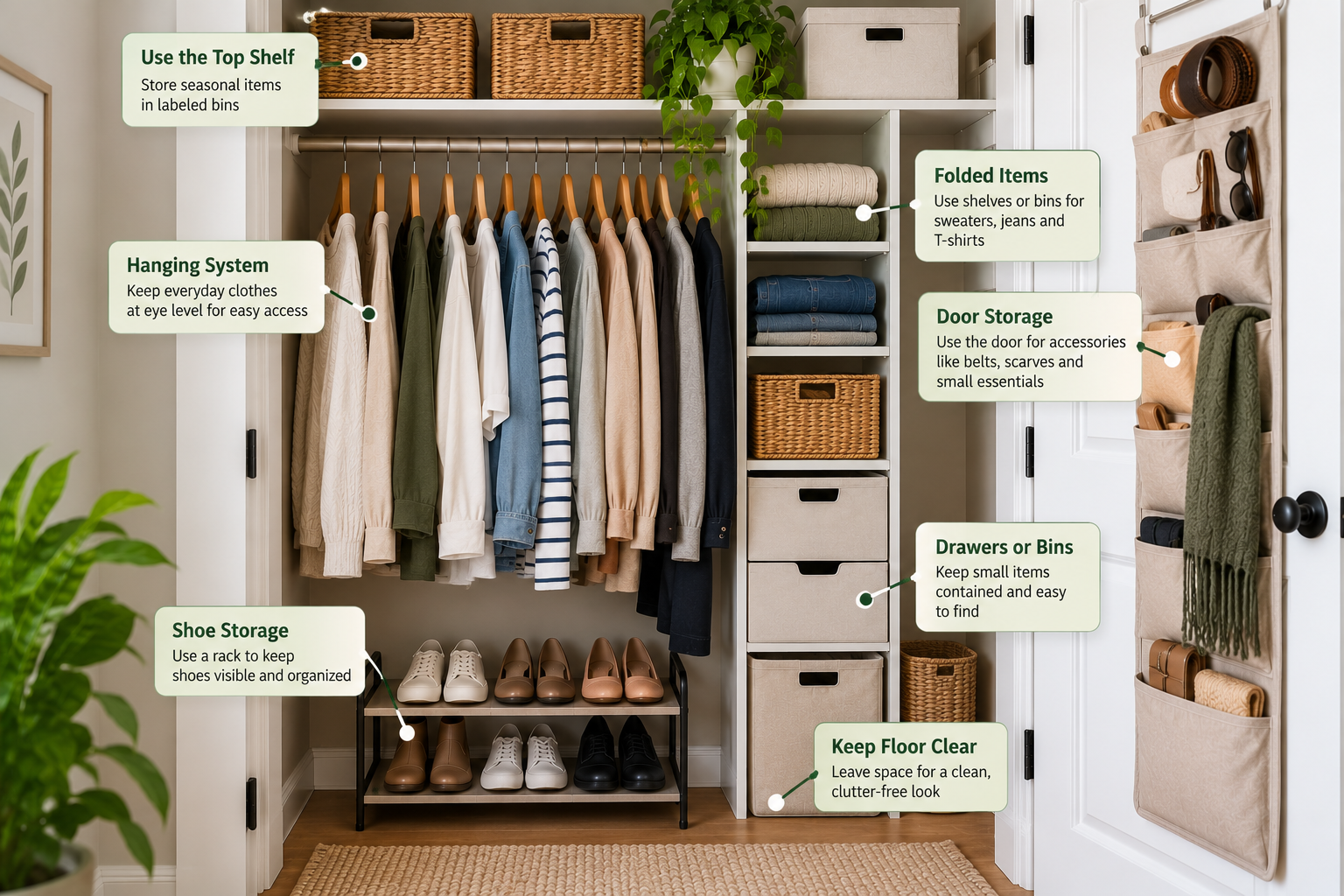 Small closet organized with consistent zones and storage for clothing, shoes, accessories, and seasonal items
