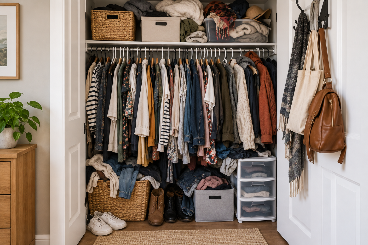 Crowded small closet with tightly packed clothes, overfilled shelves, shoes, and storage bins