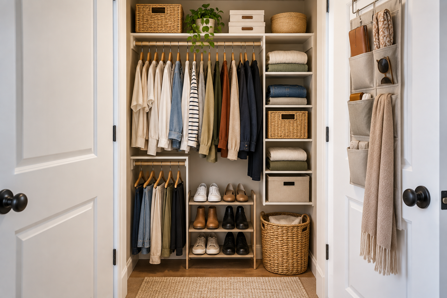 Organized small closet with practical zones for hanging clothes, folded items, shoes, accessories, and storage baskets