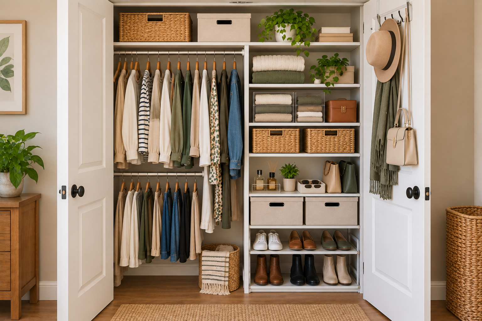 Small closet with open paneled doors, organized hanging clothes, shelves, baskets, accessories, and shoe storage
