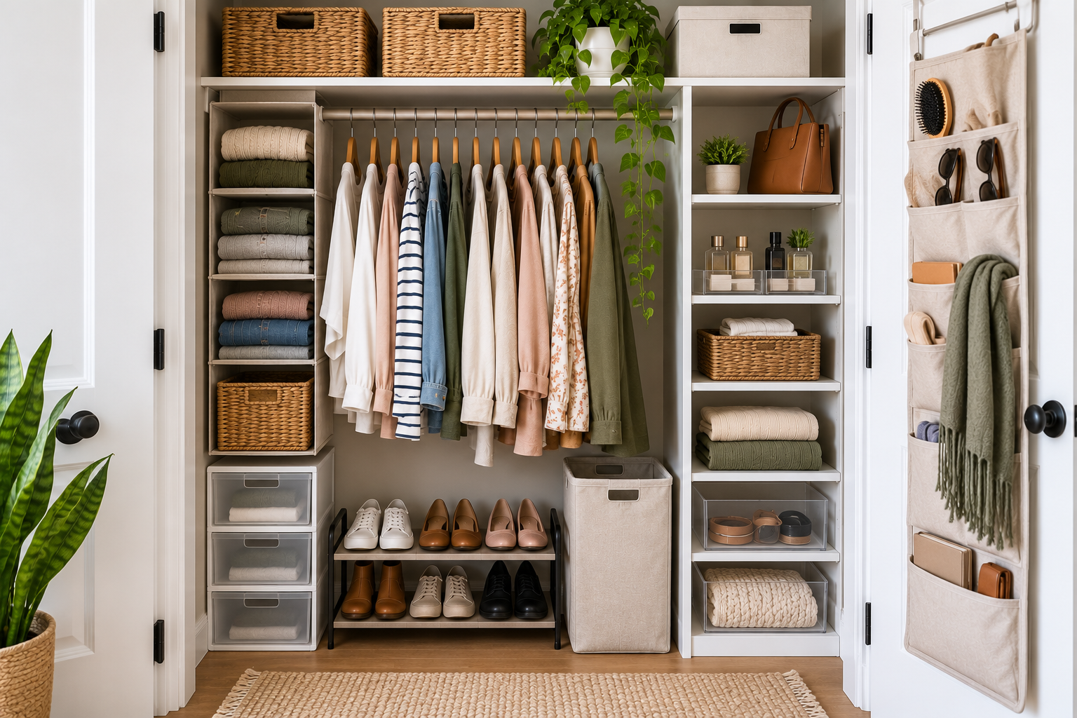 Organized small closet arranged for easy retrieval and return of everyday clothing, shoes, and accessories