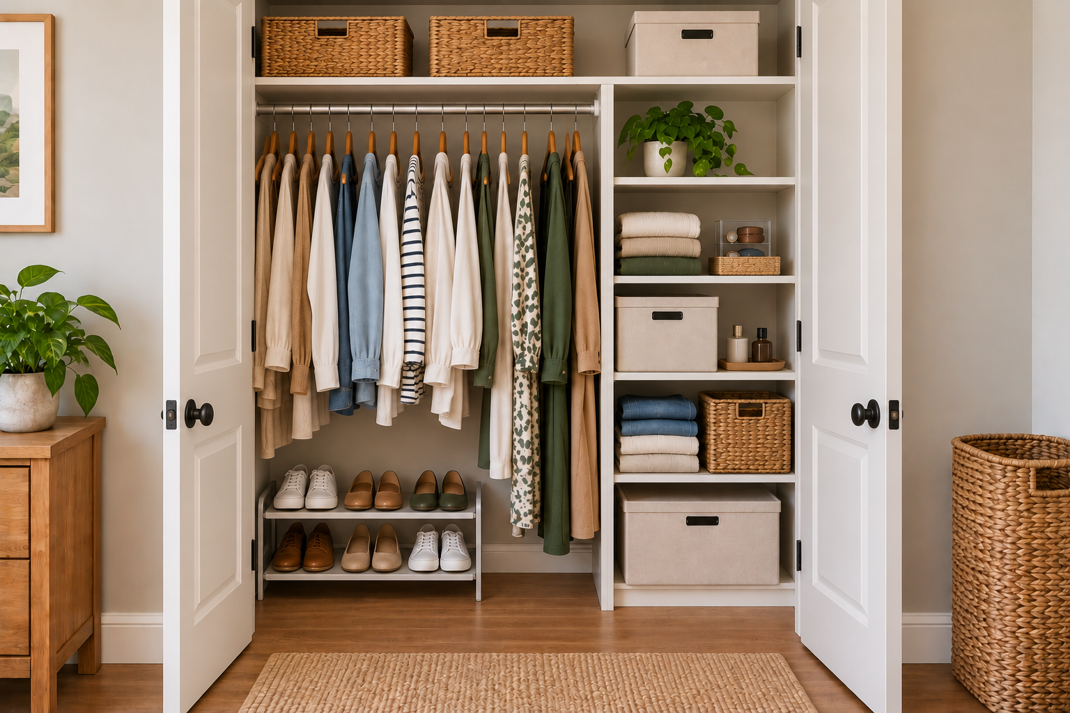 Small closet using shelves, baskets, hanging space, and shoe storage to solve different storage needs