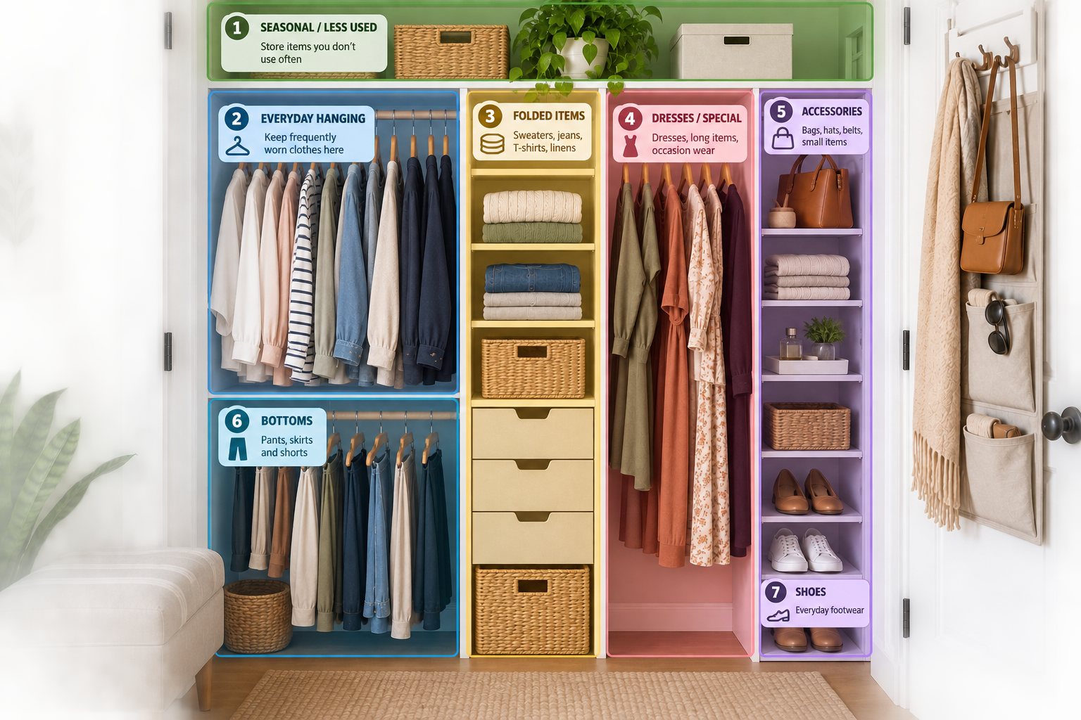 Small closet organized into practical zones for everyday clothing, folded items, accessories, and shoes