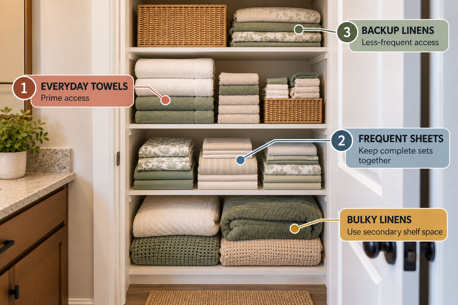 Small linen closet with separate towel and sheet zones arranged for everyday access and backup storage